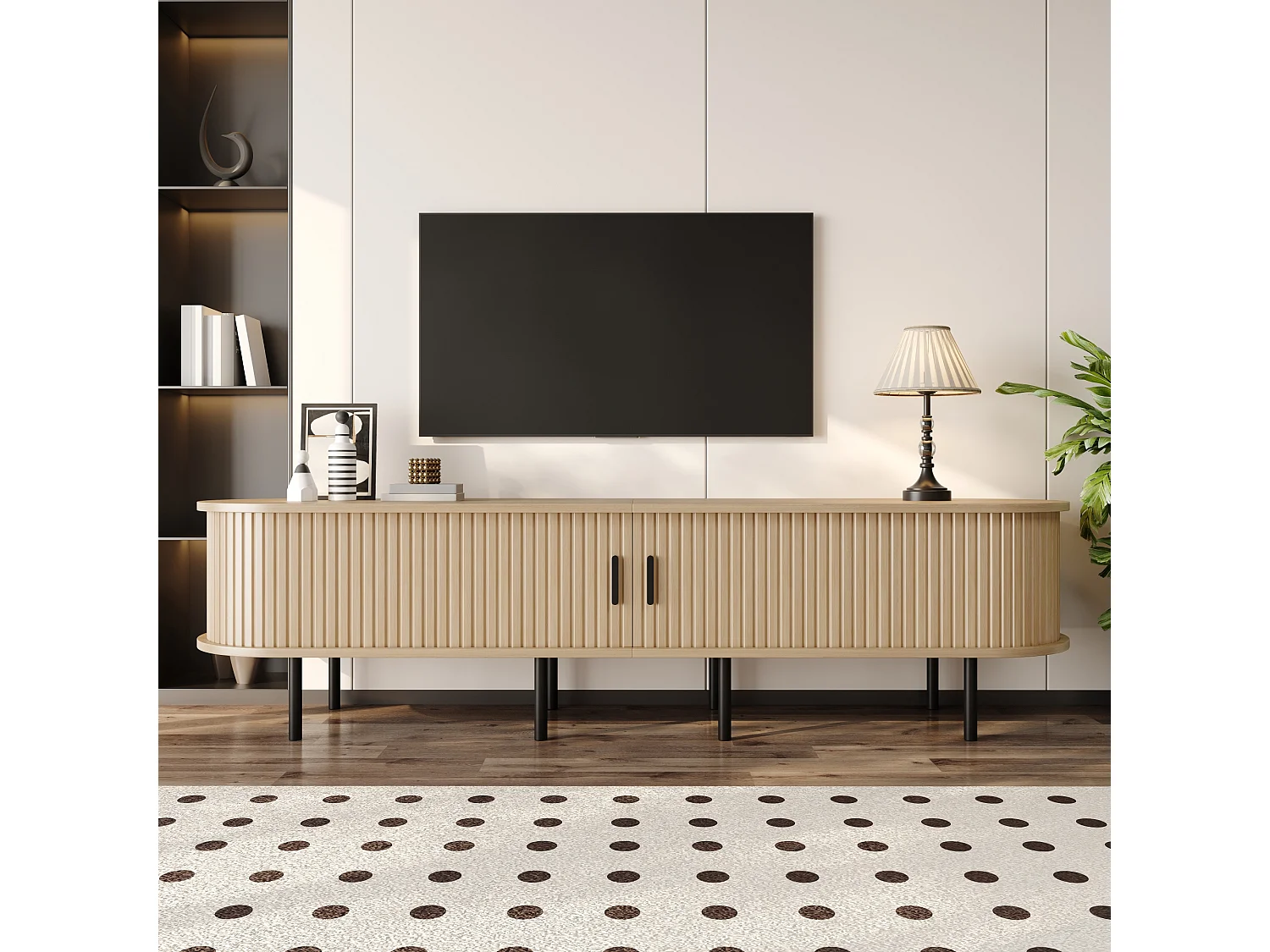 Moderner TV-Ständer – 170 x 40 x 46 cm – mit Schiebetüren und 2 offenen Regalböden – Metallbeine – MDF – natur