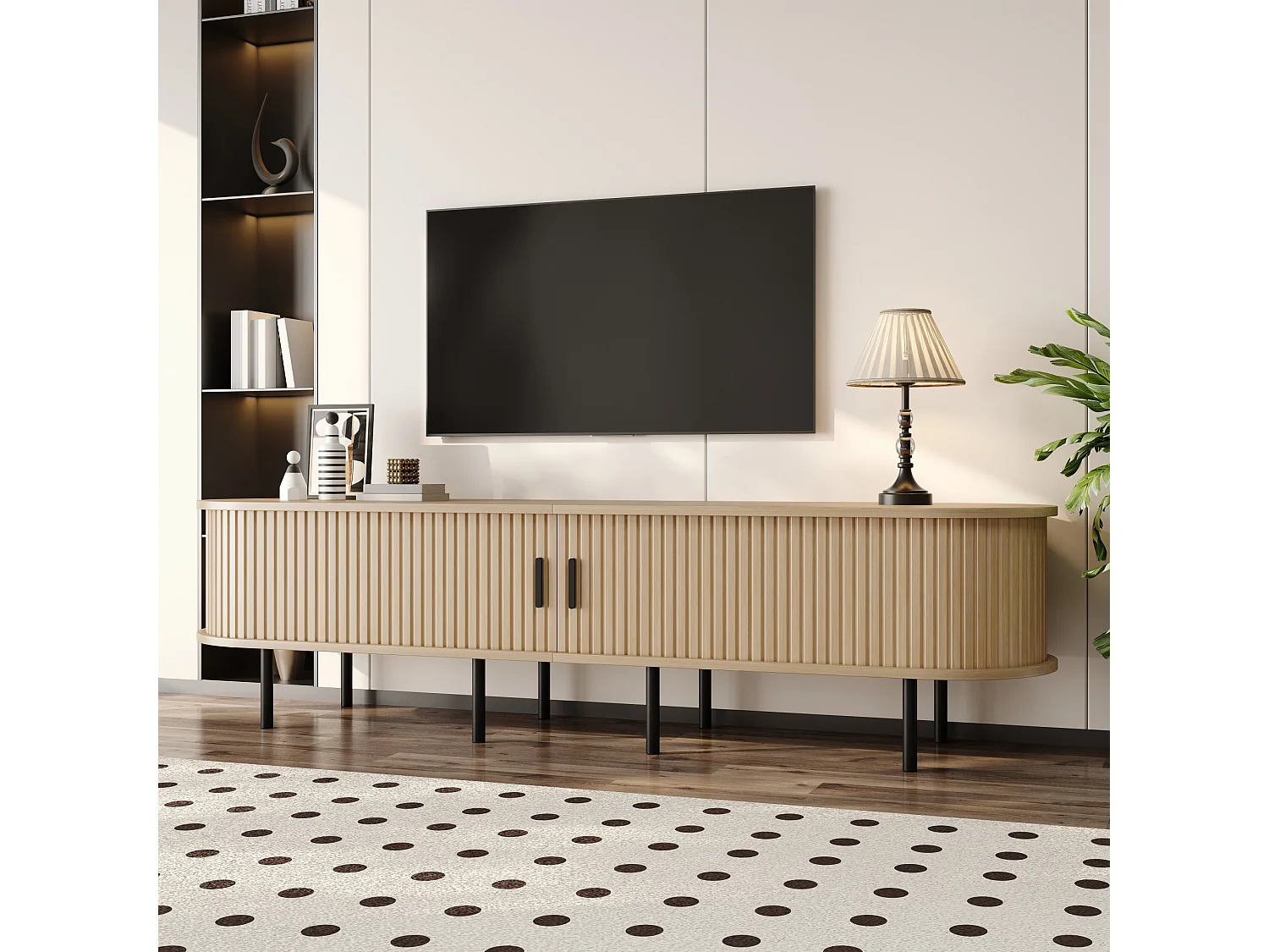 Moderner TV-Ständer – 170 x 40 x 46 cm – mit Schiebetüren und 2 offenen Regalböden – Metallbeine – MDF – natur