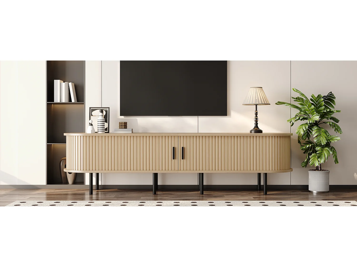 Moderner TV-Ständer – 170 x 40 x 46 cm – mit Schiebetüren und 2 offenen Regalböden – Metallbeine – MDF – natur