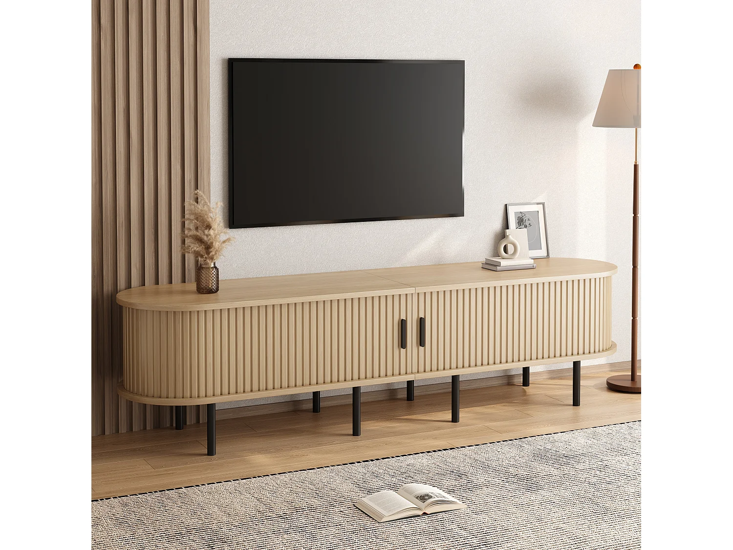 Moderner TV-Ständer – 170 x 40 x 46 cm – mit Schiebetüren und 2 offenen Regalböden – Metallbeine – MDF – natur