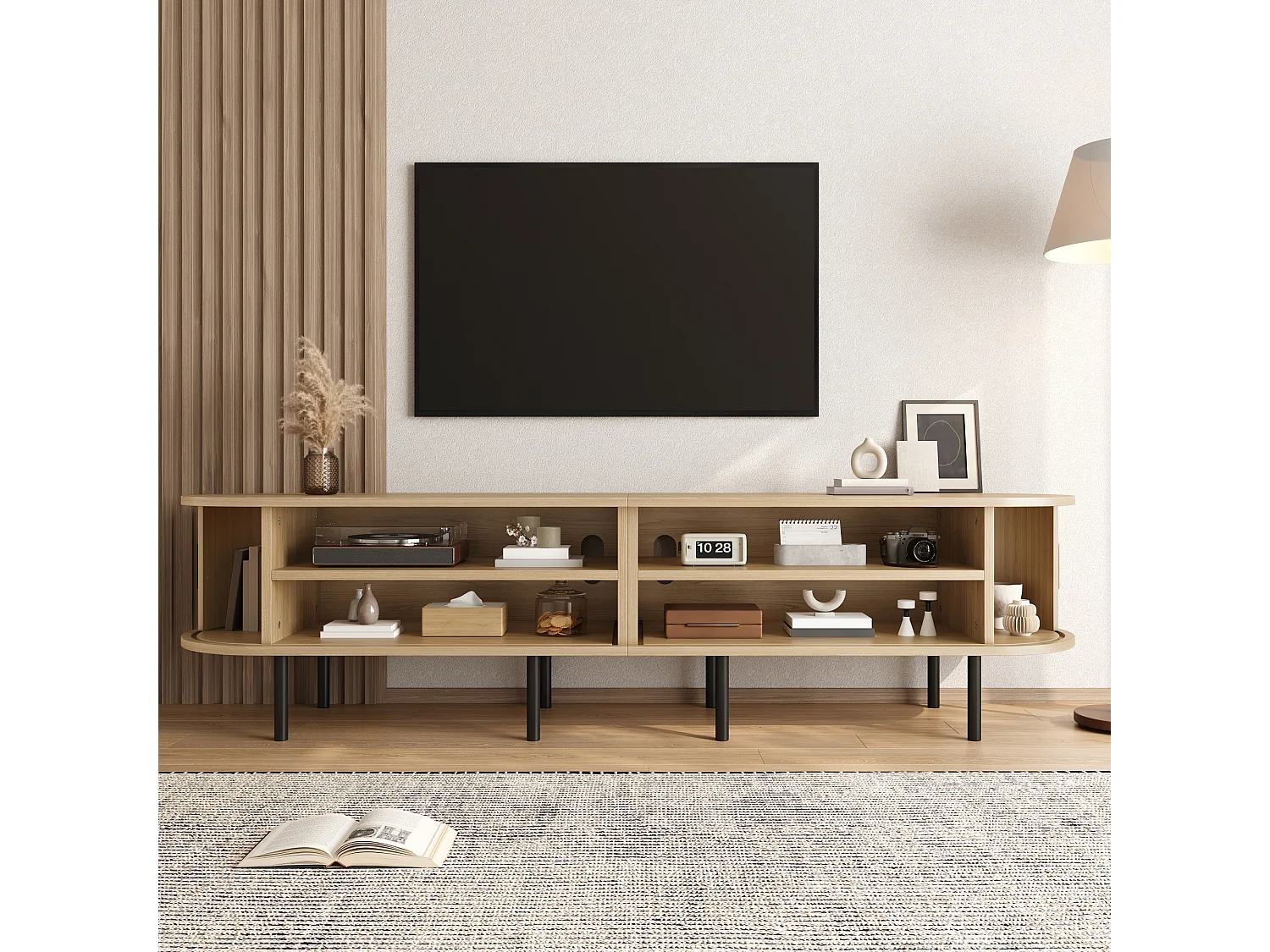 Moderner TV-Ständer – 170 x 40 x 46 cm – mit Schiebetüren und 2 offenen Regalböden – Metallbeine – MDF – natur