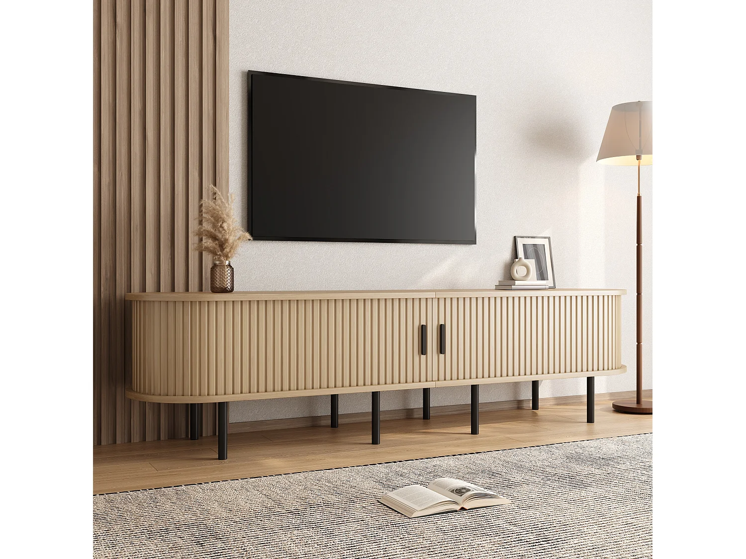 Moderner TV-Ständer – 170 x 40 x 46 cm – mit Schiebetüren und 2 offenen Regalböden – Metallbeine – MDF – natur