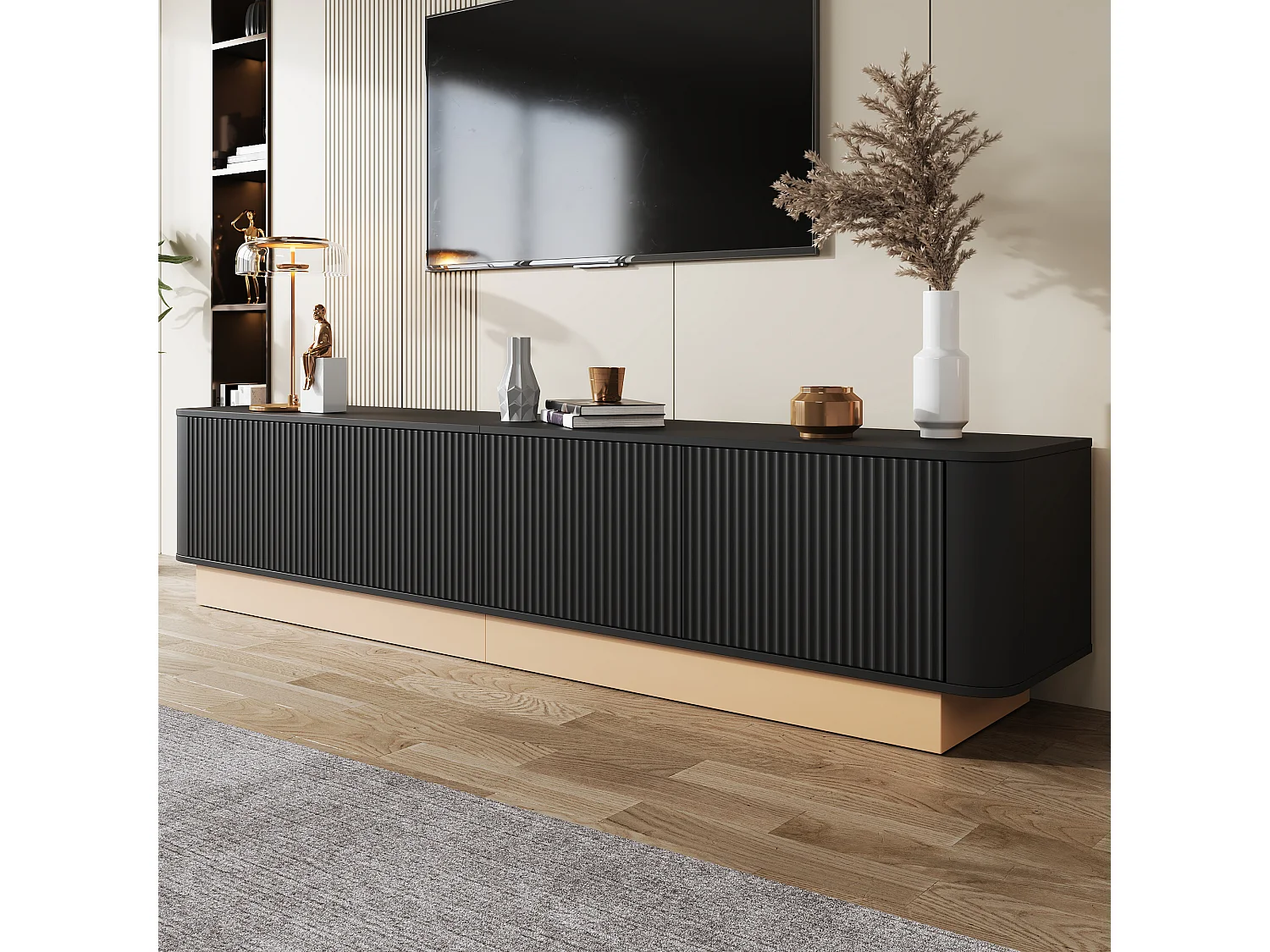 Luxuriöser TV-Ständer – 200 x 40 x 47,5 cm – mit 4 Türen – moderner Minimalismus – MDF – schwarz