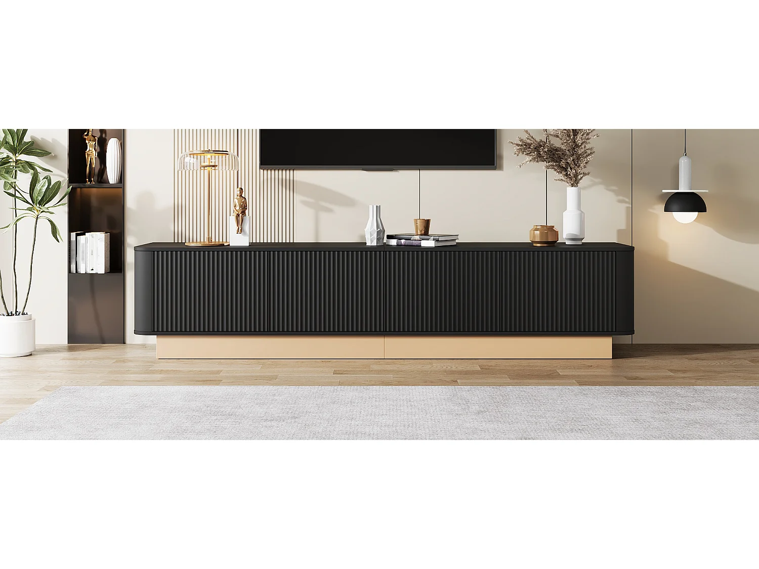 Luxuriöser TV-Ständer – 200 x 40 x 47,5 cm – mit 4 Türen – moderner Minimalismus – MDF – schwarz