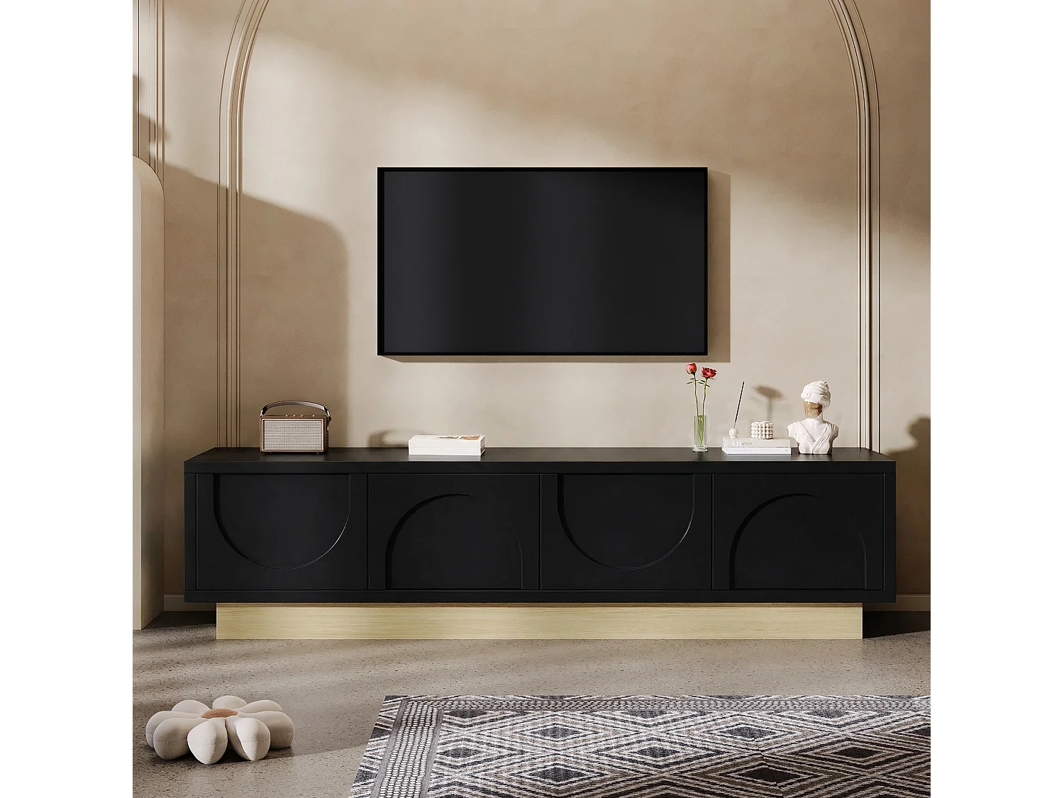 Moderner TV-Ständer in Holzoptik – 175 x 40 x 41,5 cm – mit 4 Türen – MDF – schwarz
