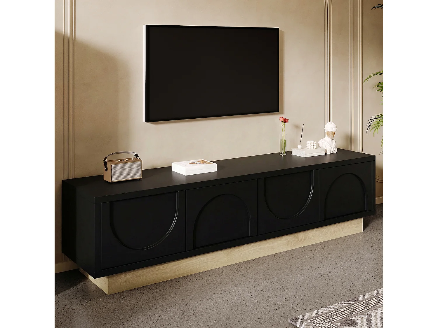 Moderner TV-Ständer in Holzoptik – 175 x 40 x 41,5 cm – mit 4 Türen – MDF – schwarz
