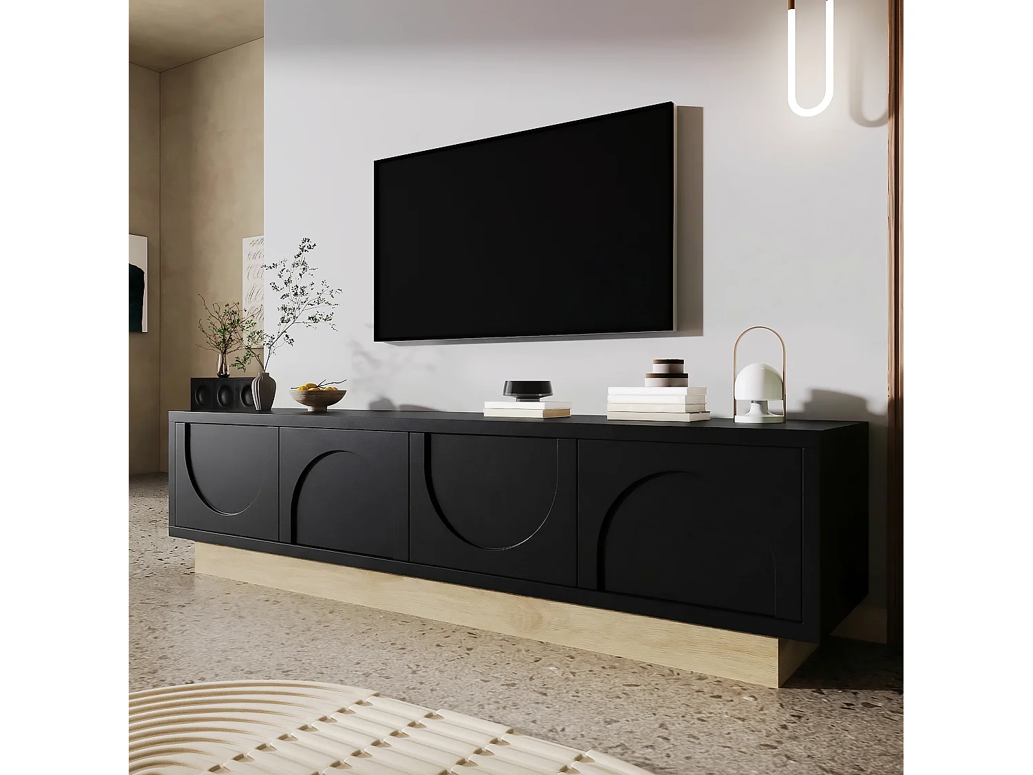 Moderner TV-Ständer in Holzoptik – 175 x 40 x 41,5 cm – mit 4 Türen – MDF – schwarz