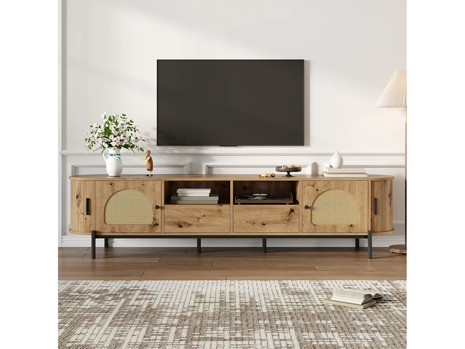 Ovaler TV-Ständer aus Rattan in Holzoptik – 200 x 40 x 49,5 cm – mit Schiebetüren und Schubladen – Metallbeine – MDF – natur