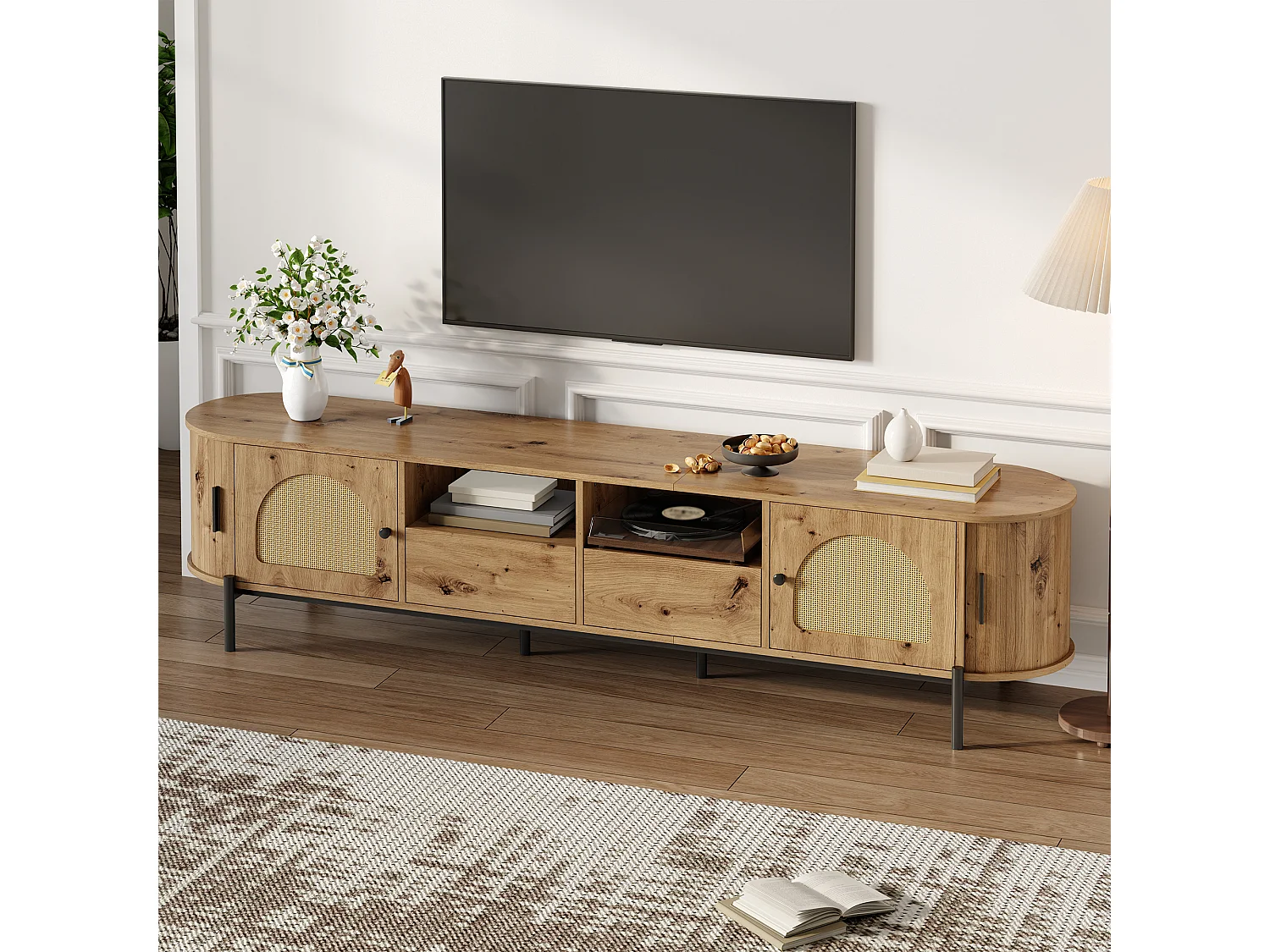 Ovaler TV-Ständer aus Rattan in Holzoptik – 200 x 40 x 49,5 cm – mit Schiebetüren und Schubladen – Metallbeine – MDF – natur