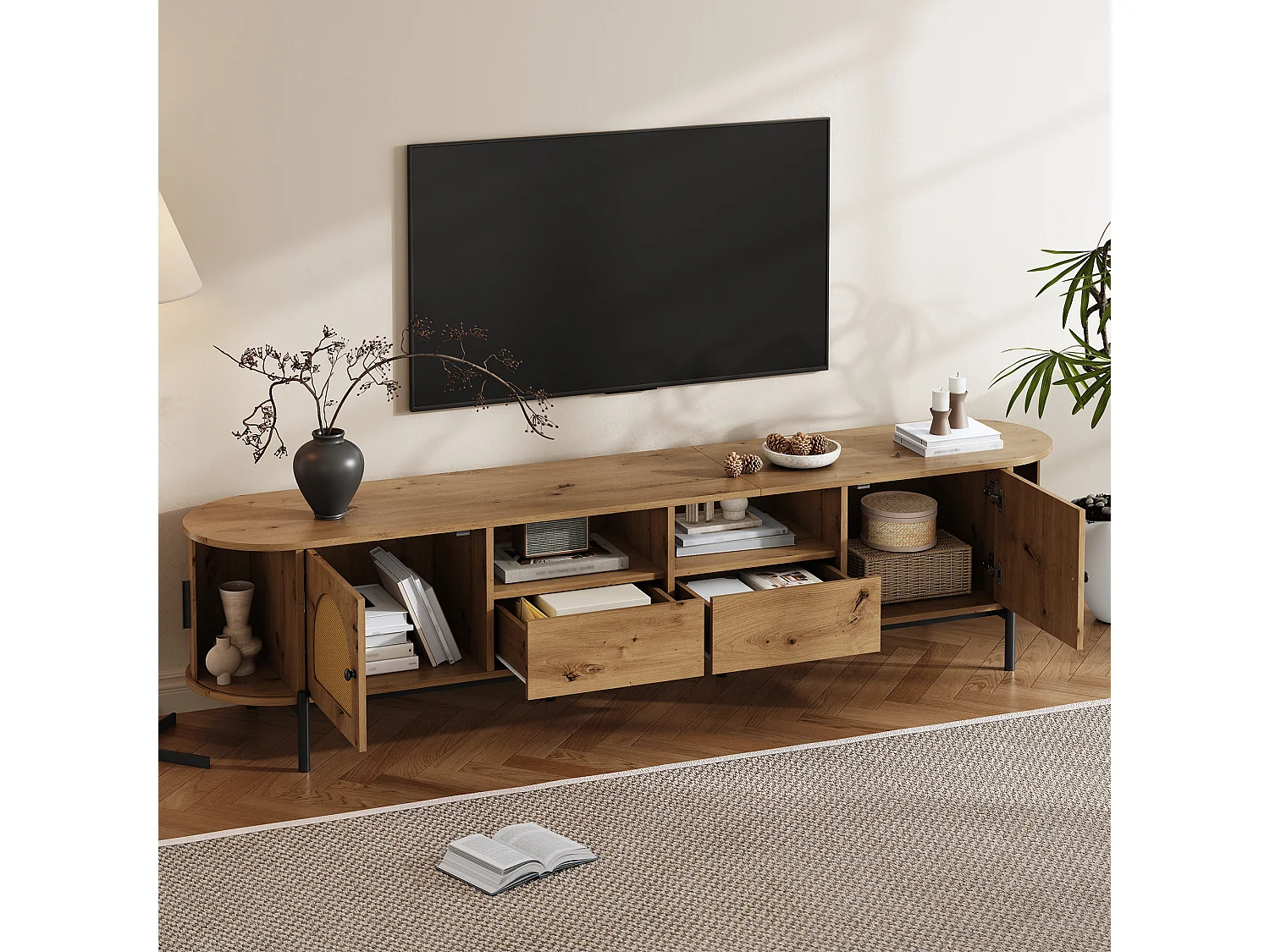 Ovaler TV-Ständer aus Rattan in Holzoptik – 200 x 40 x 49,5 cm – mit Schiebetüren und Schubladen – Metallbeine – MDF – natur