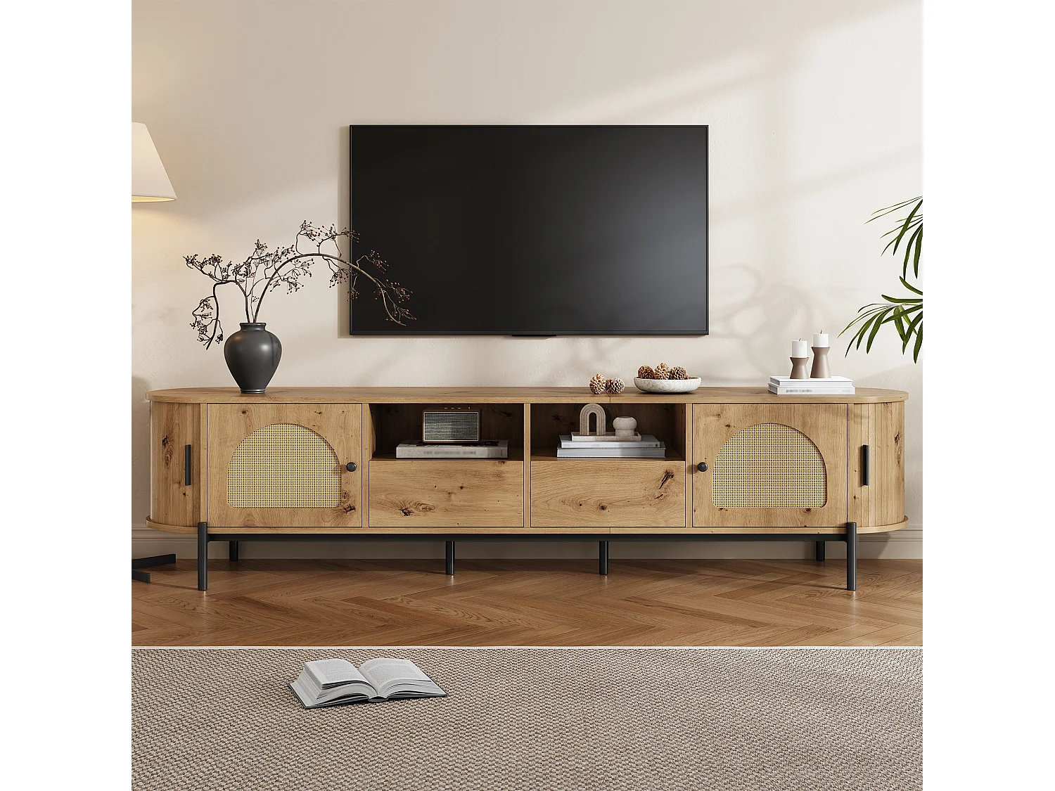 Ovaler TV-Ständer aus Rattan in Holzoptik – 200 x 40 x 49,5 cm – mit Schiebetüren und Schubladen – Metallbeine – MDF – natur