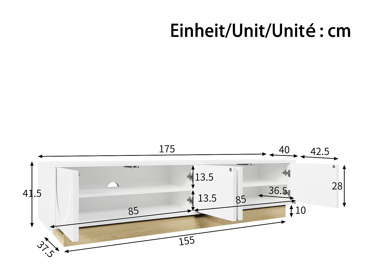 Moderner TV-Ständer in Holzoptik – 175 x 40 x 41,5 cm – mit 4 Türen – MDF – weiß