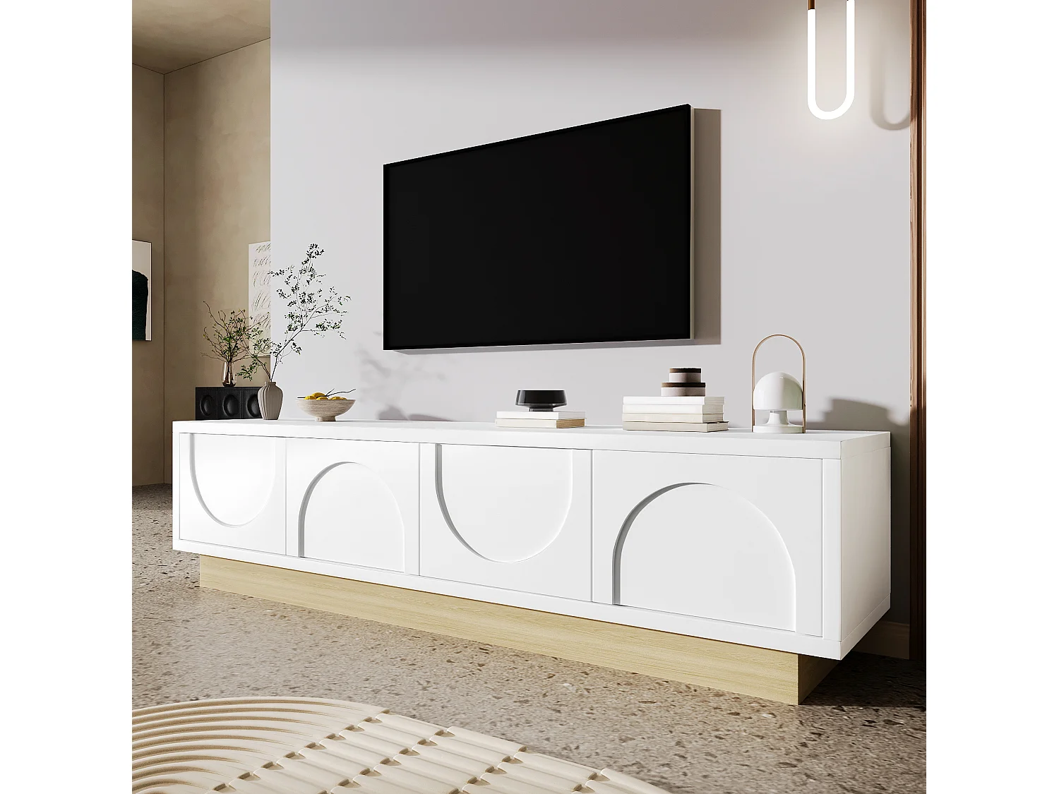 Moderner TV-Ständer in Holzoptik – 175 x 40 x 41,5 cm – mit 4 Türen – MDF – weiß