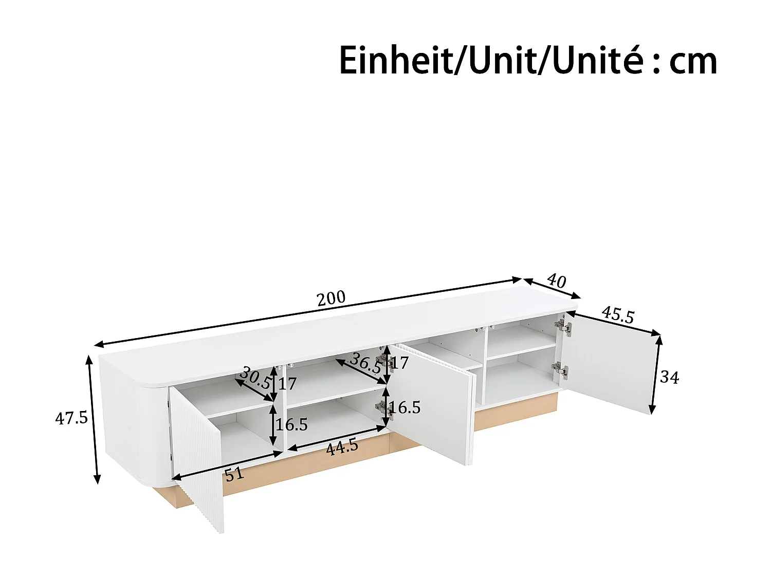 Luxuriöser TV-Ständer – 200 x 40 x 47,5 cm – mit 4 Türen – moderner Minimalismus – MDF – weiß