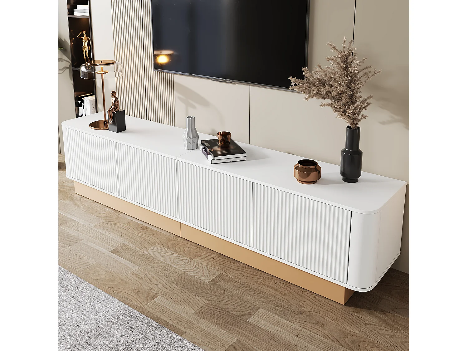 Luxuriöser TV-Ständer – 200 x 40 x 47,5 cm – mit 4 Türen – moderner Minimalismus – MDF – weiß