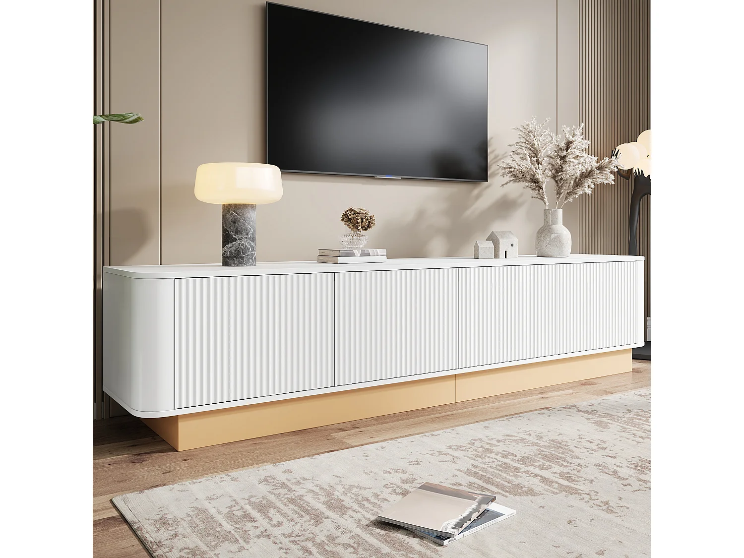 Luxuriöser TV-Ständer – 200 x 40 x 47,5 cm – mit 4 Türen – moderner Minimalismus – MDF – weiß
