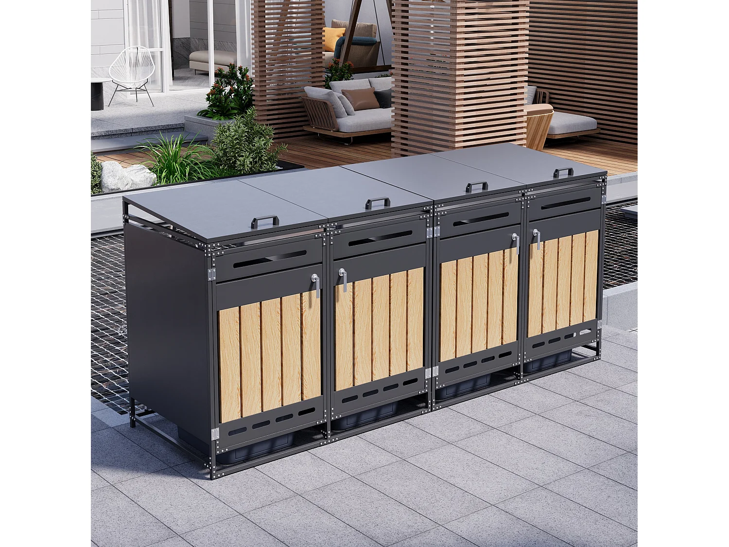 Abri pour 4 poubelles de jardin - 2 x 131 x 79 x 116 cm - avec couvercle hydraulique + serrure + 4 portes - métal - noir