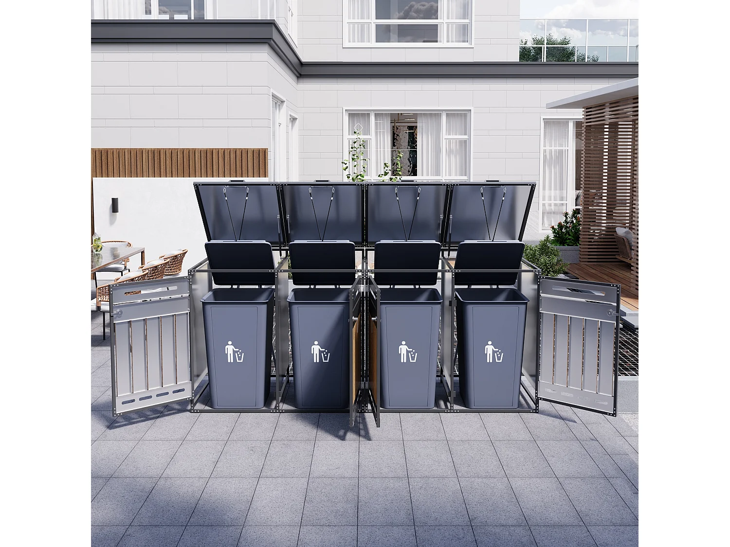 Abri pour 4 poubelles de jardin - 2 x 131 x 79 x 116 cm - avec couvercle hydraulique + serrure + 4 portes - métal - noir