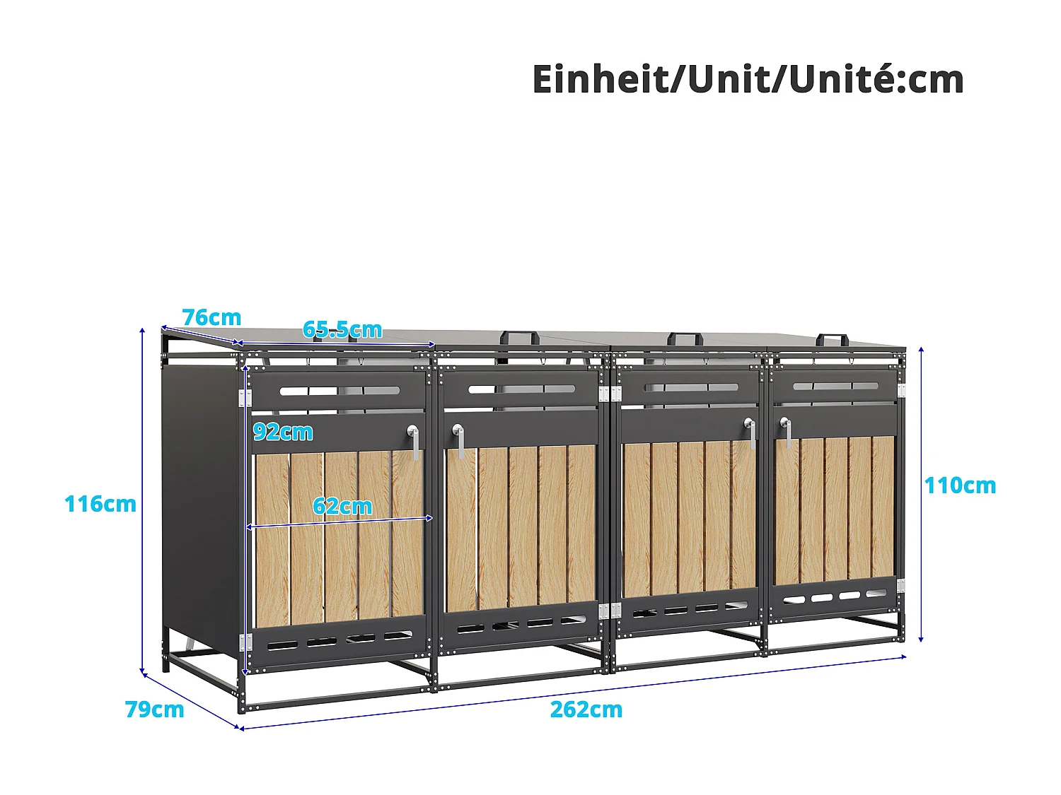Abri pour 4 poubelles de jardin - 2 x 131 x 79 x 116 cm - avec couvercle hydraulique + serrure + 4 portes - métal - noir