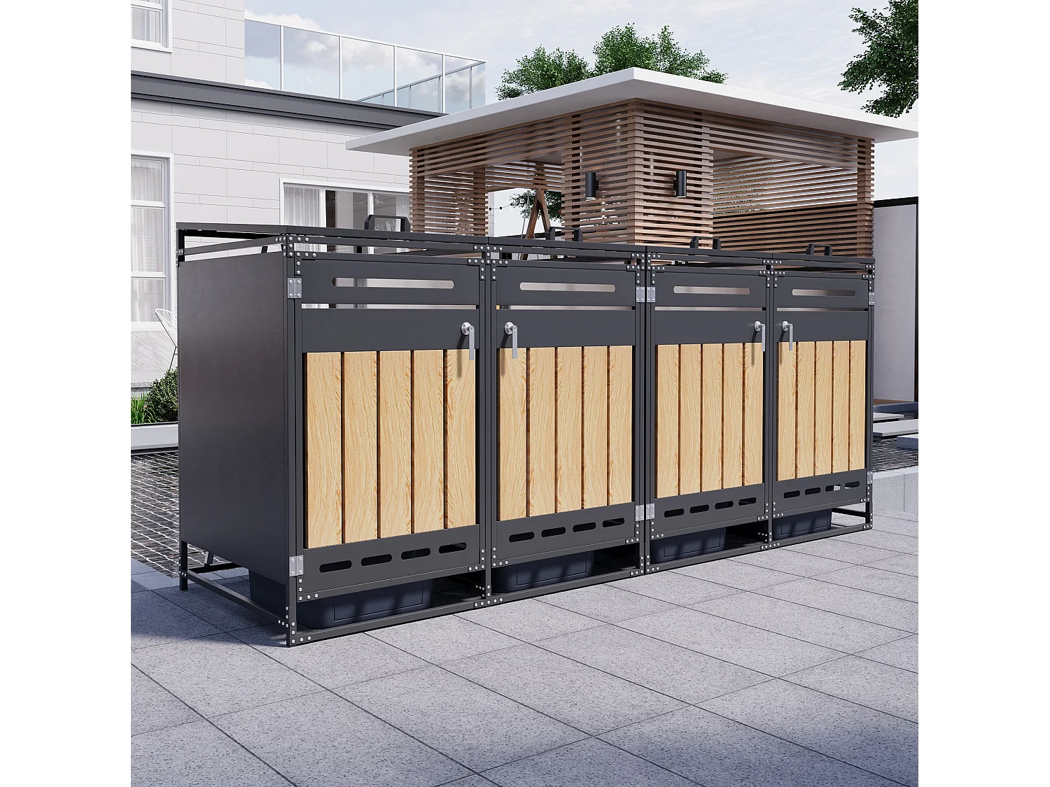 Abri pour 4 poubelles de jardin - 2 x 131 x 79 x 116 cm - avec couvercle hydraulique + serrure + 4 portes - métal - noir