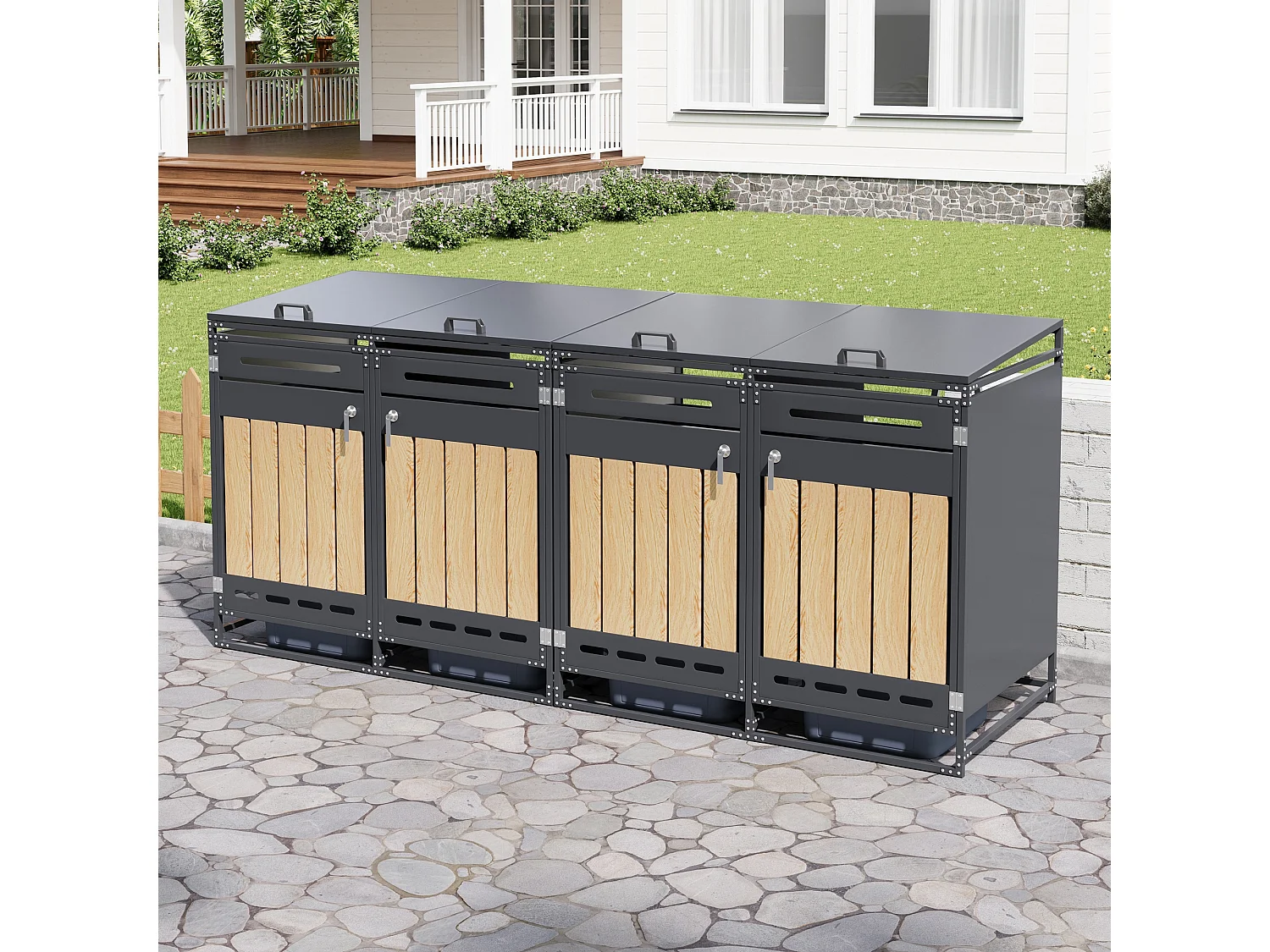 Abri pour 4 poubelles de jardin - 2 x 131 x 79 x 116 cm - avec couvercle hydraulique + serrure + 4 portes - métal - noir