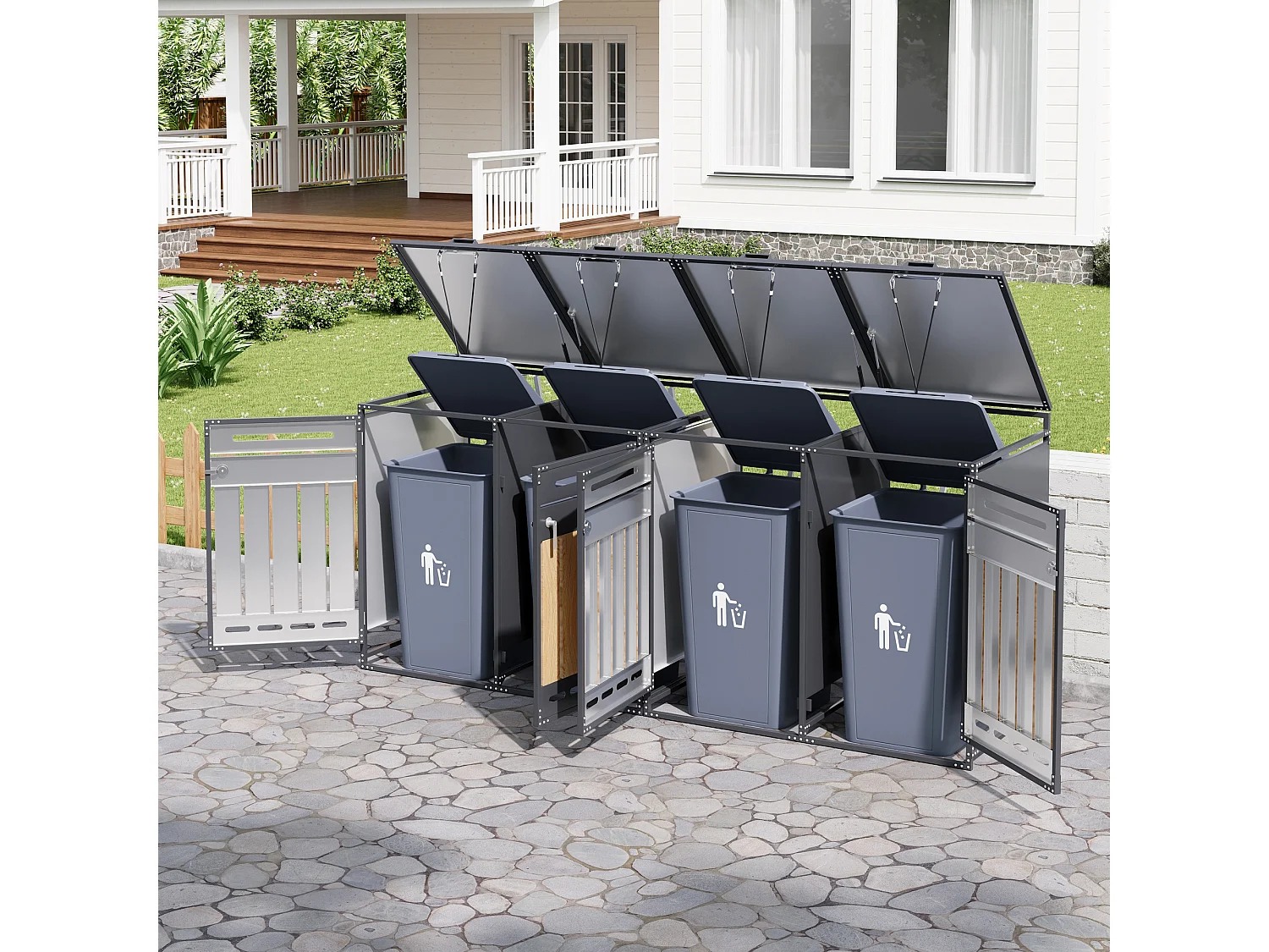 Abri pour 4 poubelles de jardin - 2 x 131 x 79 x 116 cm - avec couvercle hydraulique + serrure + 4 portes - métal - noir