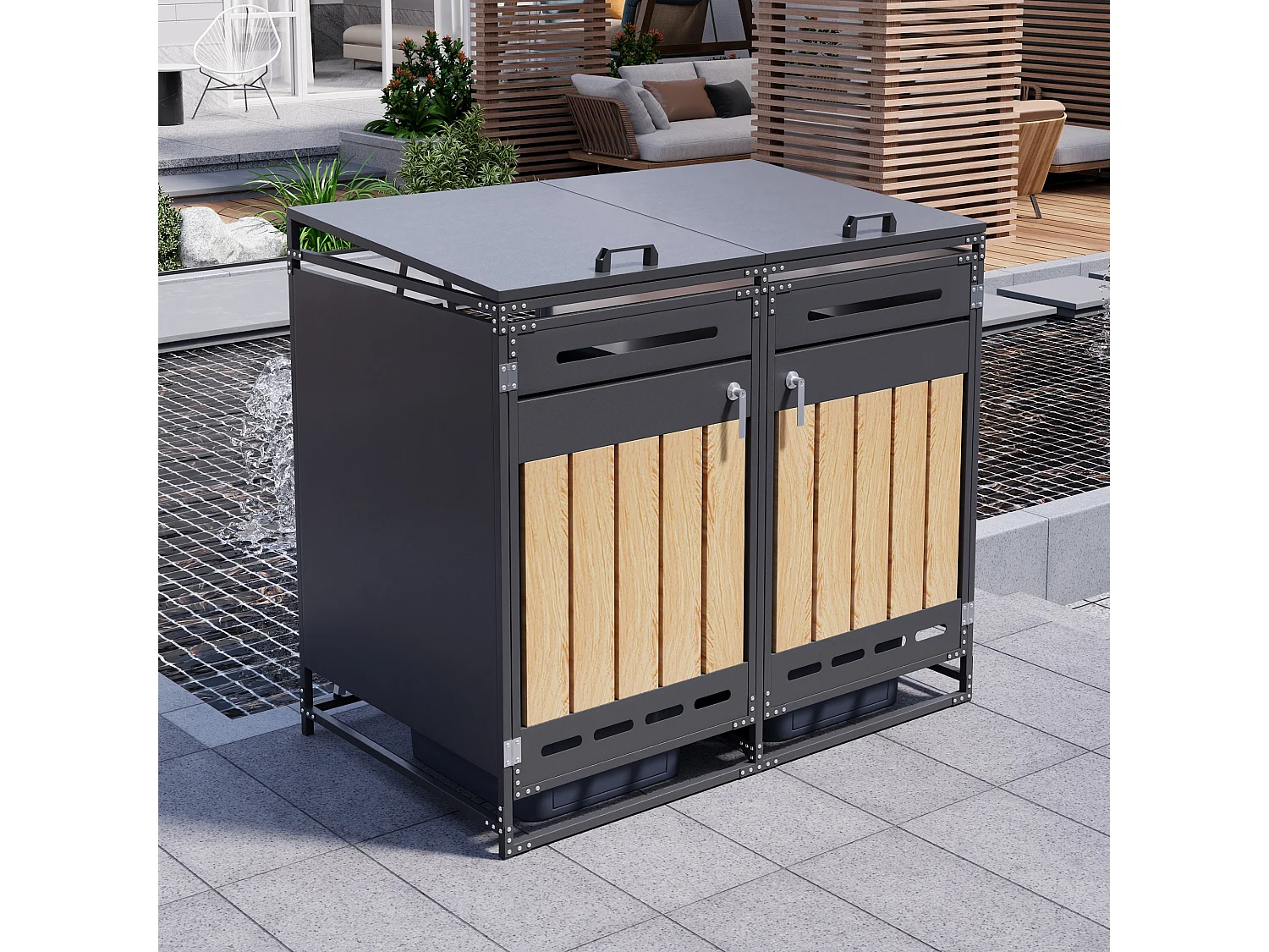 Abri pour 2 poubelles de jardin - 131 x 79 x 116 cm - avec couvercle hydraulique + serrure + 2 portes - métal - noir