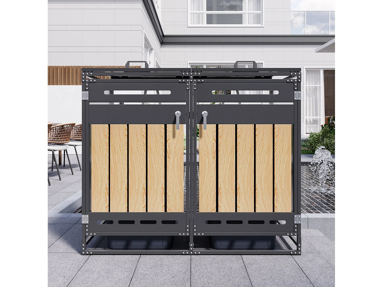 Abri pour 2 poubelles de jardin - 131 x 79 x 116 cm - avec couvercle hydraulique + serrure + 2 portes - métal - noir