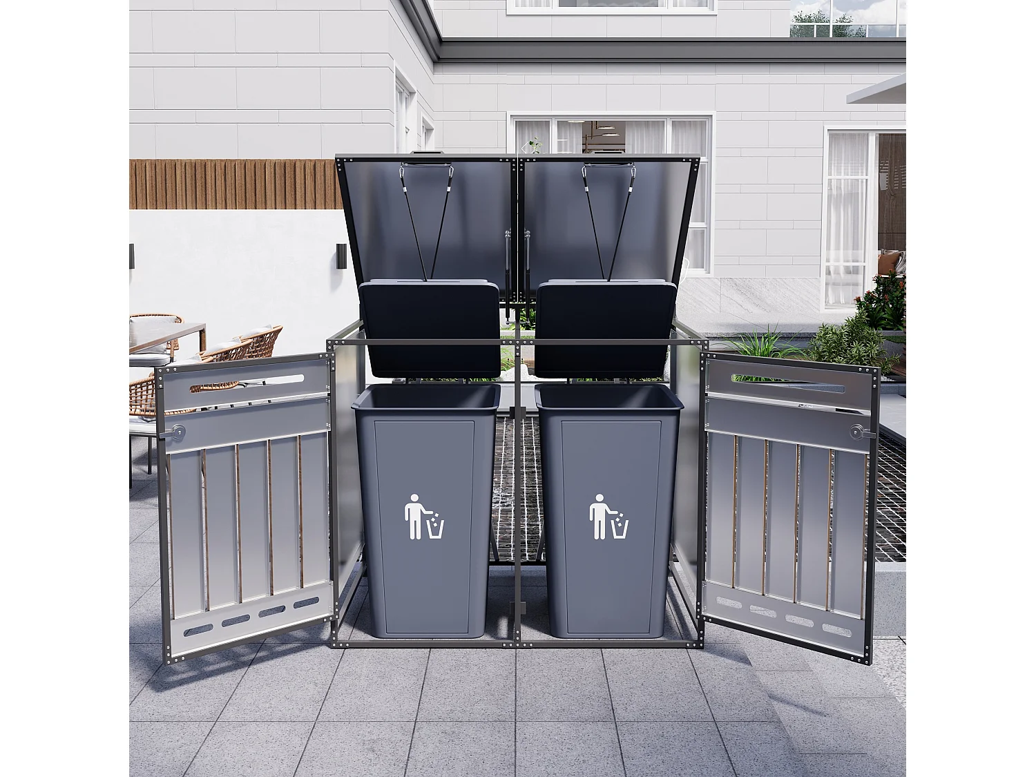 Abri pour 2 poubelles de jardin - 131 x 79 x 116 cm - avec couvercle hydraulique + serrure + 2 portes - métal - noir