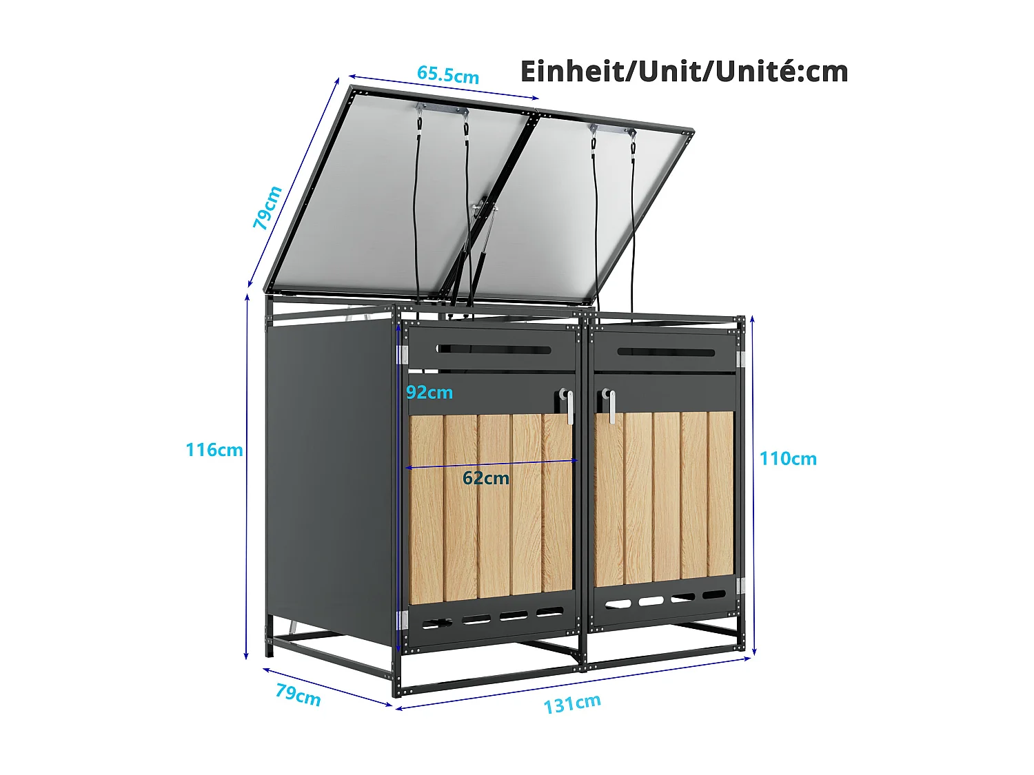 Abri pour 2 poubelles de jardin - 131 x 79 x 116 cm - avec couvercle hydraulique + serrure + 2 portes - métal - noir