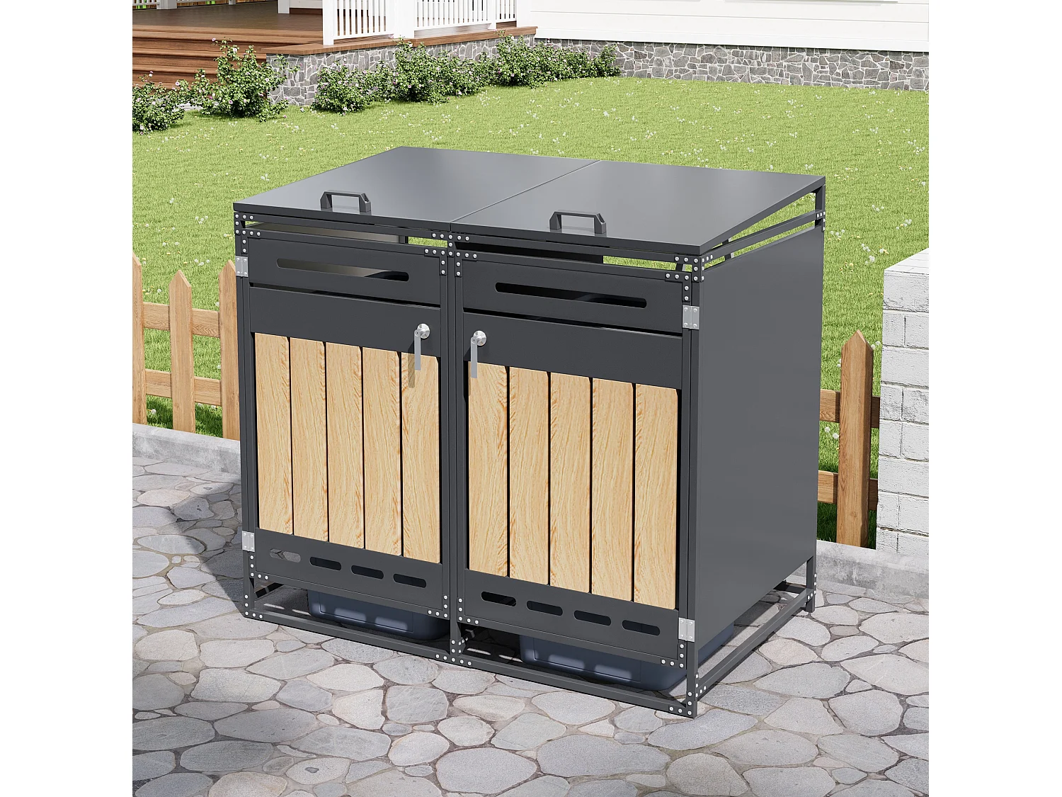 Abri pour 2 poubelles de jardin - 131 x 79 x 116 cm - avec couvercle hydraulique + serrure + 2 portes - métal - noir