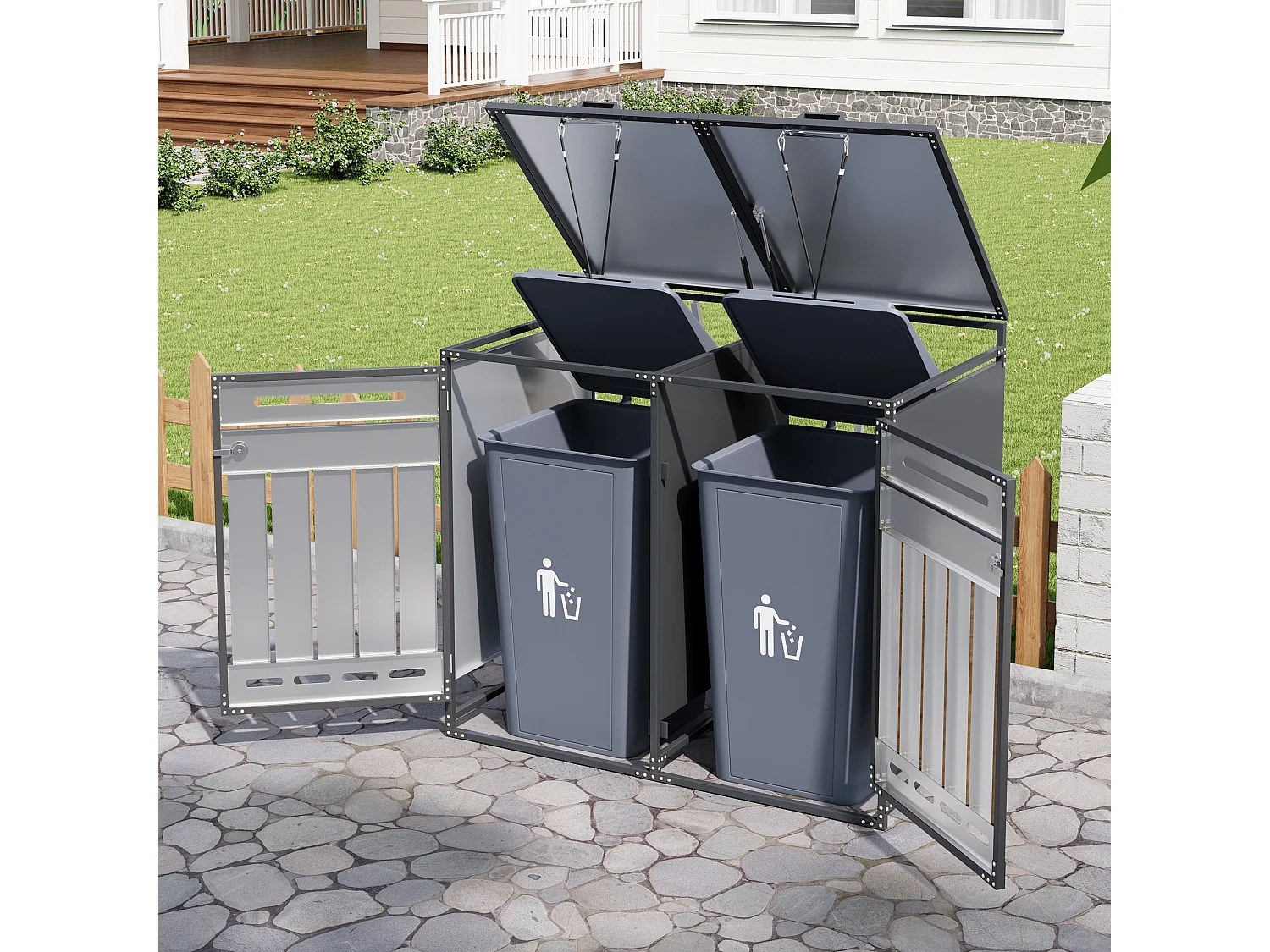 Abri pour 2 poubelles de jardin - 131 x 79 x 116 cm - avec couvercle hydraulique + serrure + 2 portes - métal - noir