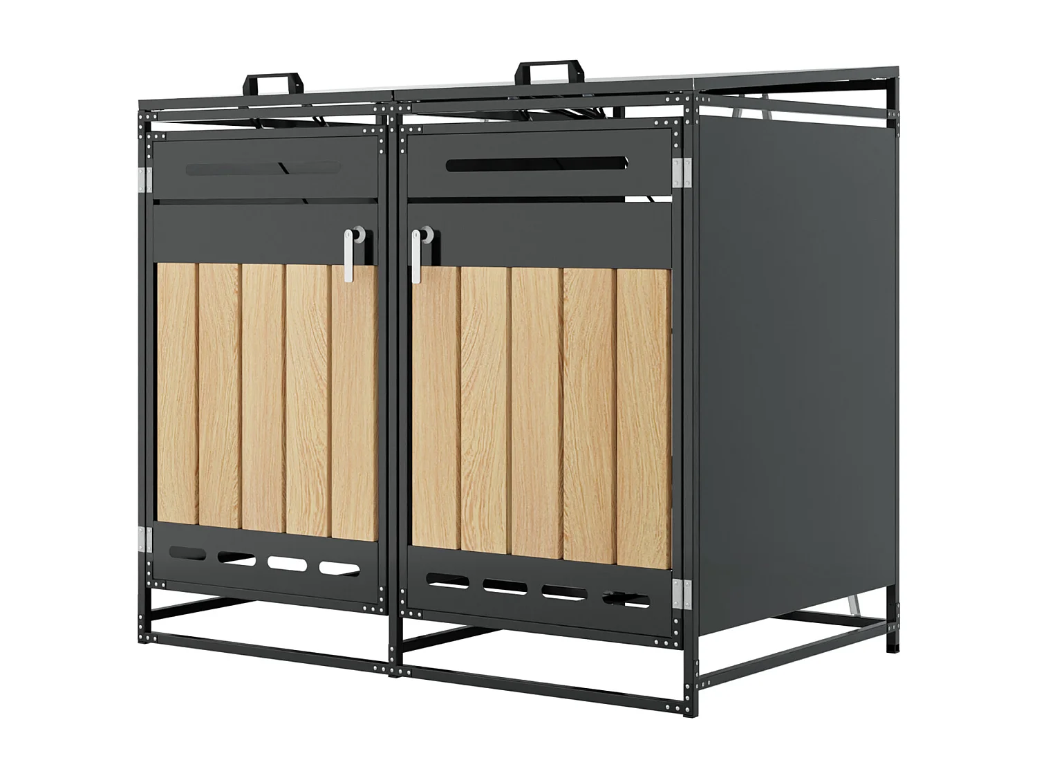 Abri pour 2 poubelles de jardin - 131 x 79 x 116 cm - avec couvercle hydraulique + serrure + 2 portes - métal - noir