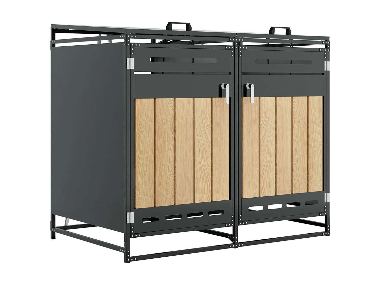 Abri pour 2 poubelles de jardin - 131 x 79 x 116 cm - avec couvercle hydraulique + serrure + 2 portes - métal - noir