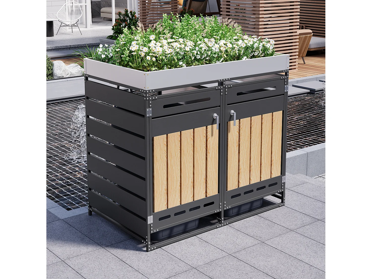 Abri pour 2 poubelles de jardin - 131 x 79 x 120 cm - avec bac à fleurs + serrure + 2 portes - métal - noir