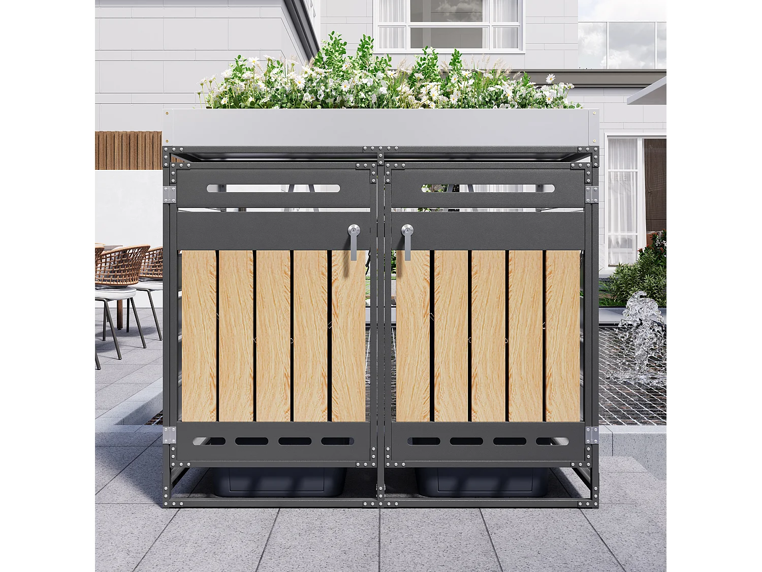 Abri pour 2 poubelles de jardin - 131 x 79 x 120 cm - avec bac à fleurs + serrure + 2 portes - métal - noir