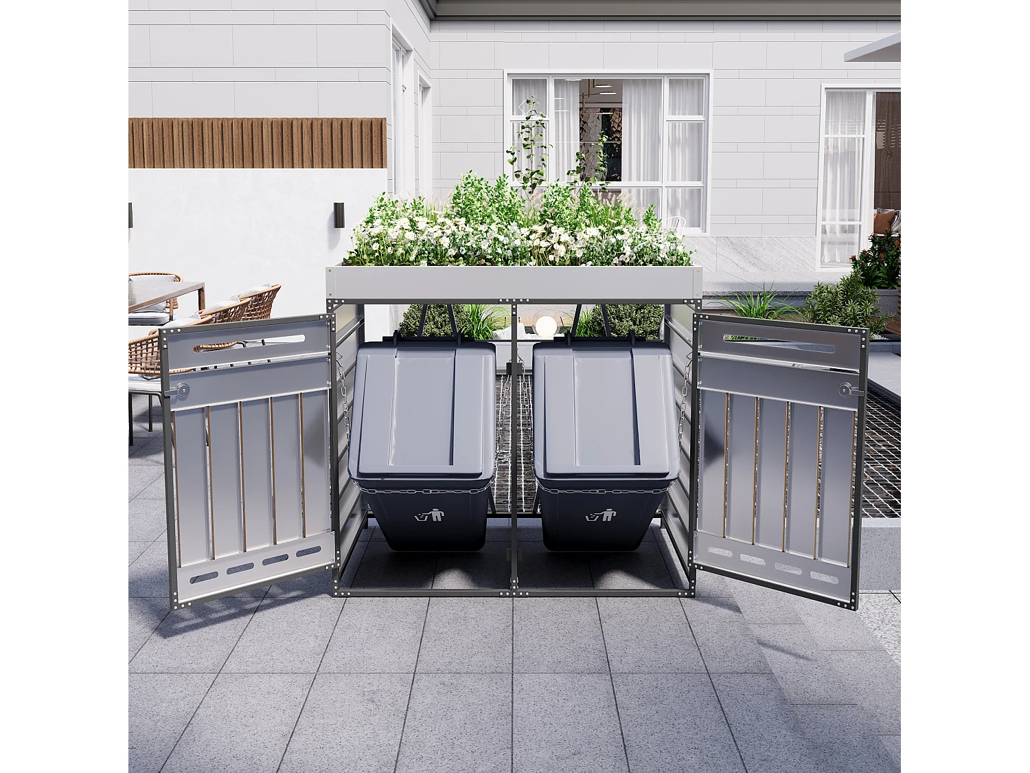 Abri pour 2 poubelles de jardin - 131 x 79 x 120 cm - avec bac à fleurs + serrure + 2 portes - métal - noir