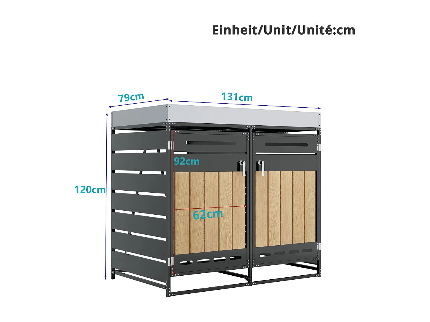 Abri pour 2 poubelles de jardin - 131 x 79 x 120 cm - avec bac à fleurs + serrure + 2 portes - métal - noir