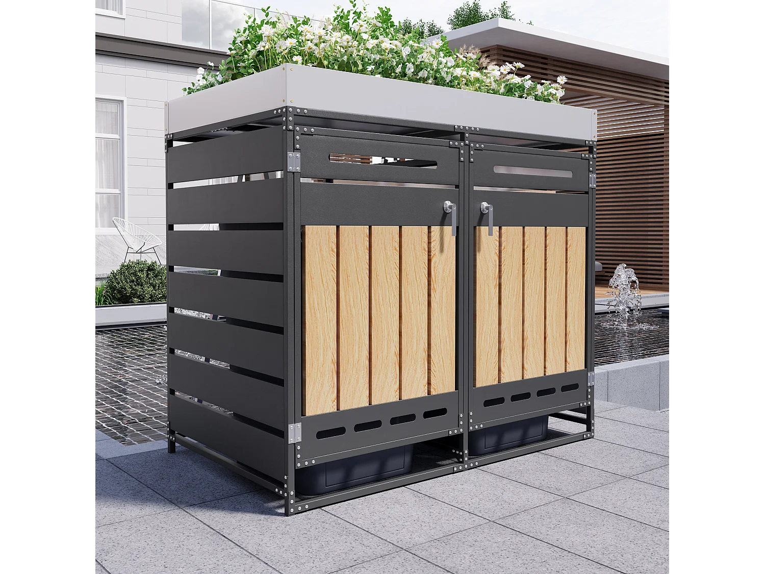 Abri pour 2 poubelles de jardin - 131 x 79 x 120 cm - avec bac à fleurs + serrure + 2 portes - métal - noir