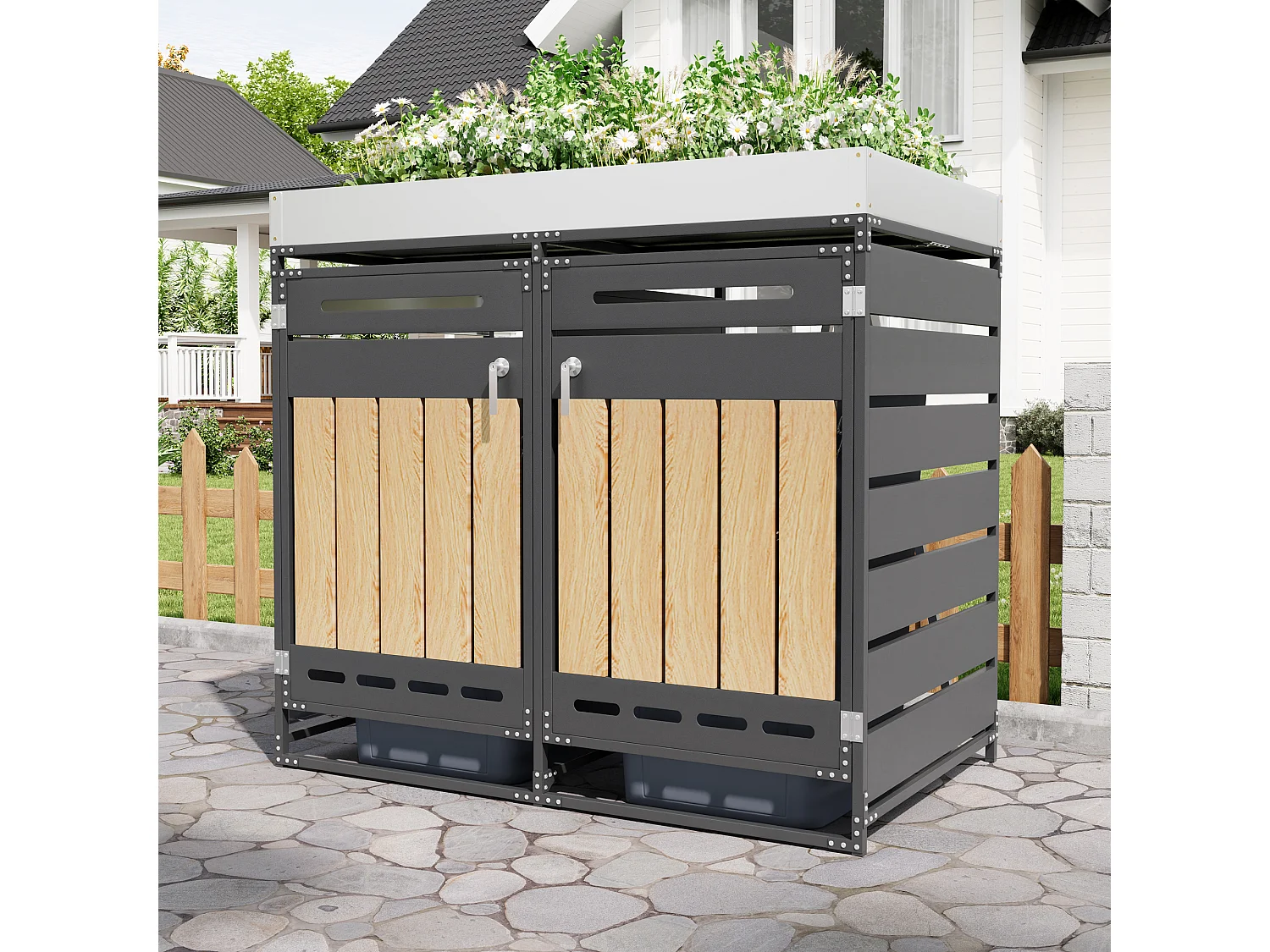 Abri pour 2 poubelles de jardin - 131 x 79 x 120 cm - avec bac à fleurs + serrure + 2 portes - métal - noir