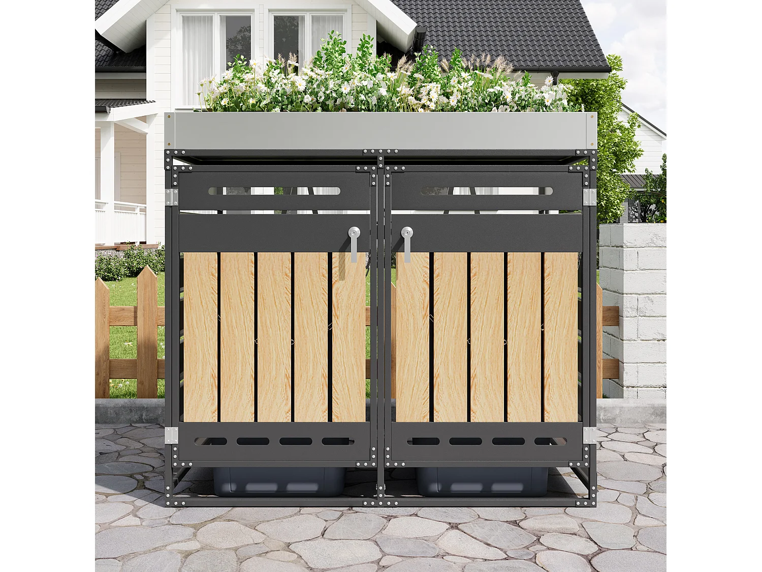 Abri pour 2 poubelles de jardin - 131 x 79 x 120 cm - avec bac à fleurs + serrure + 2 portes - métal - noir