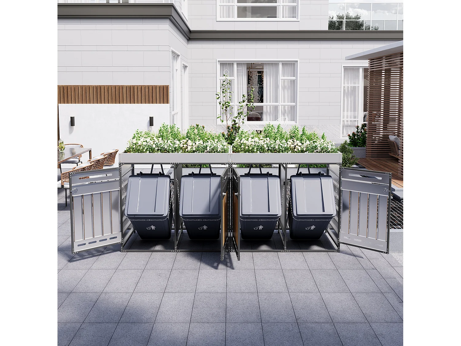 Abri pour 4 poubelles de jardin - 2 x 131 x 79 x 120 cm - avec bac à fleurs + serrure + 2 portes - métal - noir