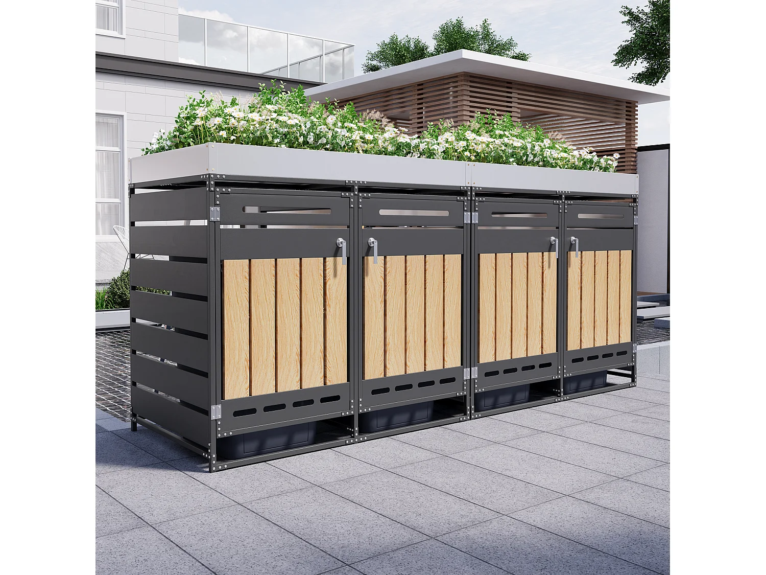 Abri pour 4 poubelles de jardin - 2 x 131 x 79 x 120 cm - avec bac à fleurs + serrure + 2 portes - métal - noir