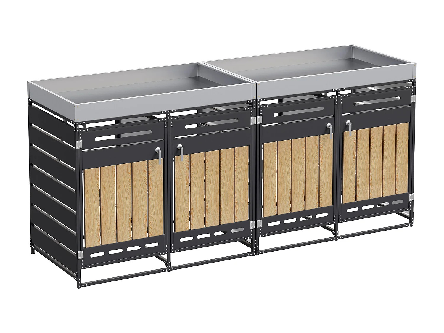 Abri pour 4 poubelles de jardin - 2 x 131 x 79 x 120 cm - avec bac à fleurs + serrure + 2 portes - métal - noir