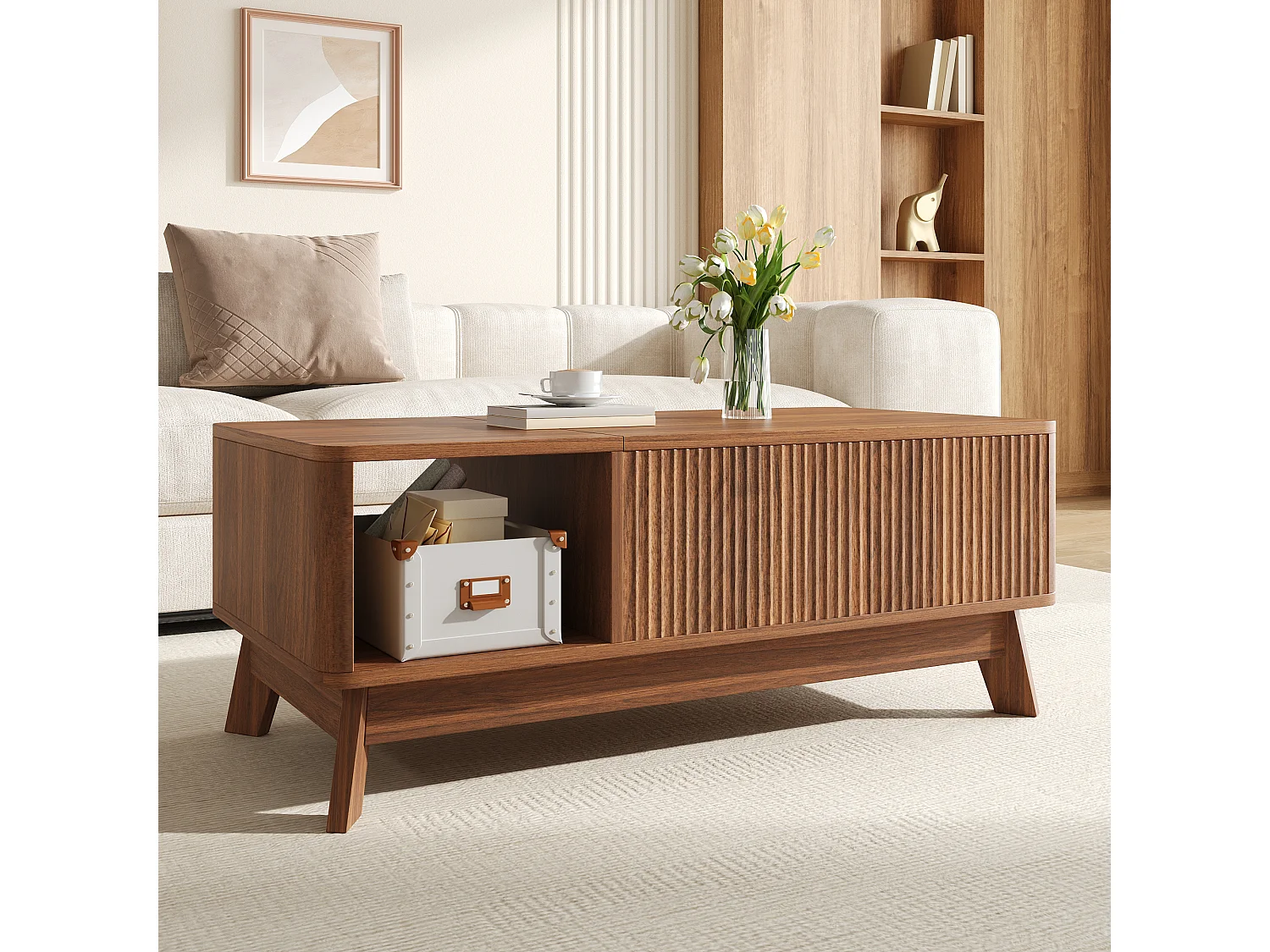 Couchtisch mit Hubfunktion fürs Wohnzimmer – 95 x 48 x 50 cm – Wellenförmiges Design – mit offenem Seitenfach – MDF – Braun