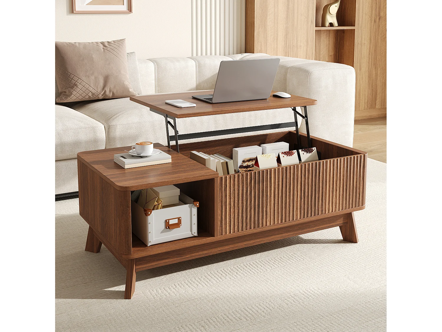 Couchtisch mit Hubfunktion fürs Wohnzimmer – 95 x 48 x 50 cm – Wellenförmiges Design – mit offenem Seitenfach – MDF – Braun