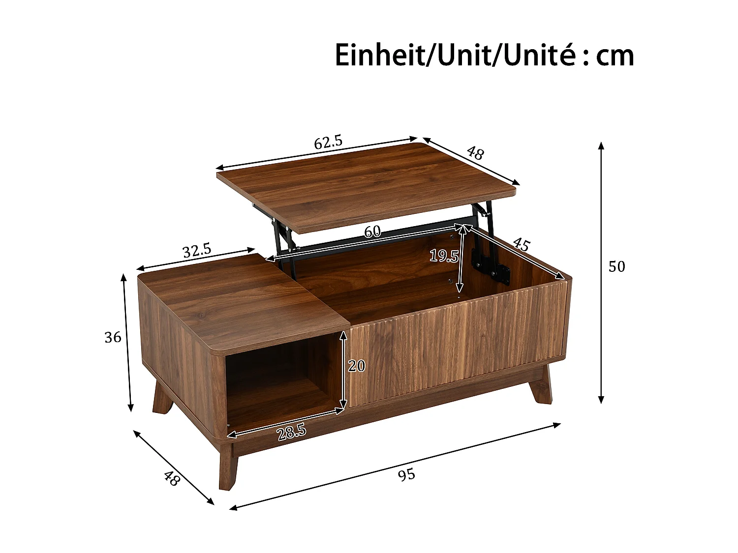 Couchtisch mit Hubfunktion fürs Wohnzimmer – 95 x 48 x 50 cm – Wellenförmiges Design – mit offenem Seitenfach – MDF – Braun
