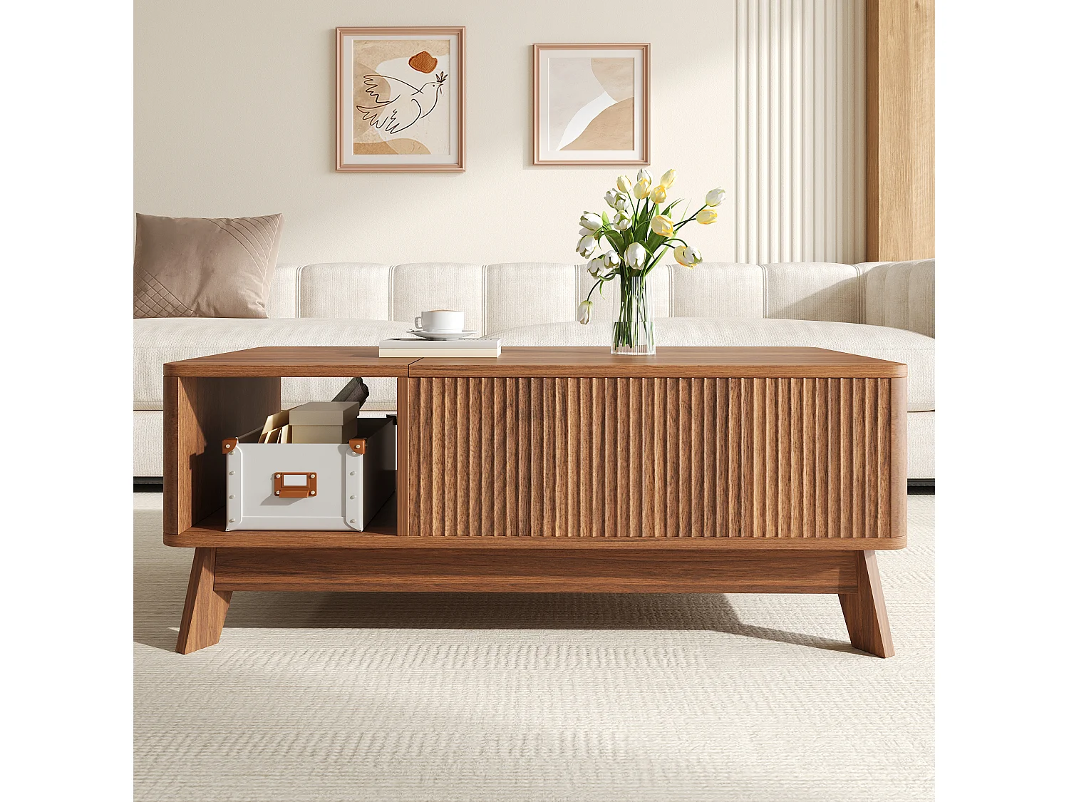 Couchtisch mit Hubfunktion fürs Wohnzimmer – 95 x 48 x 50 cm – Wellenförmiges Design – mit offenem Seitenfach – MDF – Braun