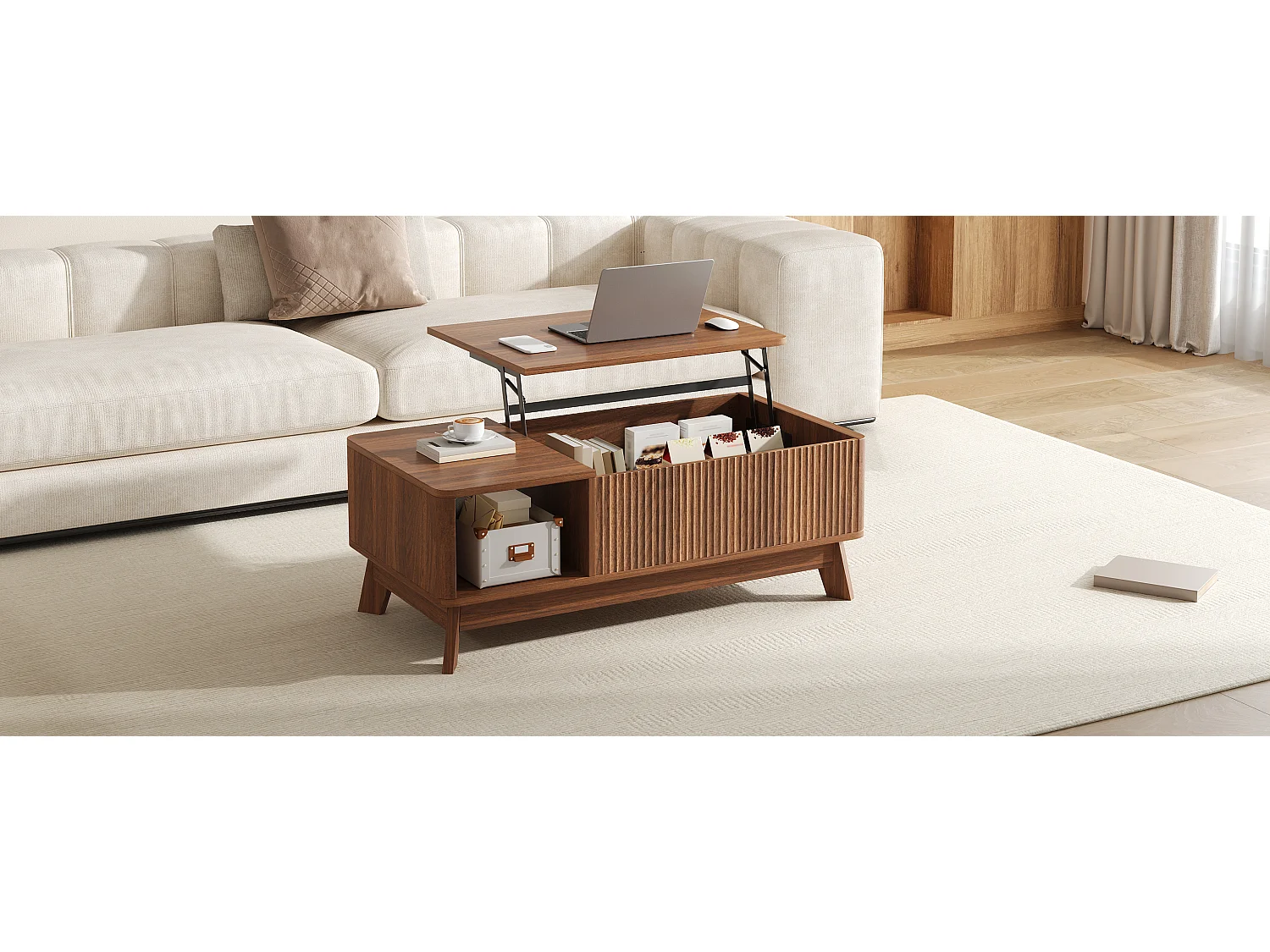 Couchtisch mit Hubfunktion fürs Wohnzimmer – 95 x 48 x 50 cm – Wellenförmiges Design – mit offenem Seitenfach – MDF – Braun