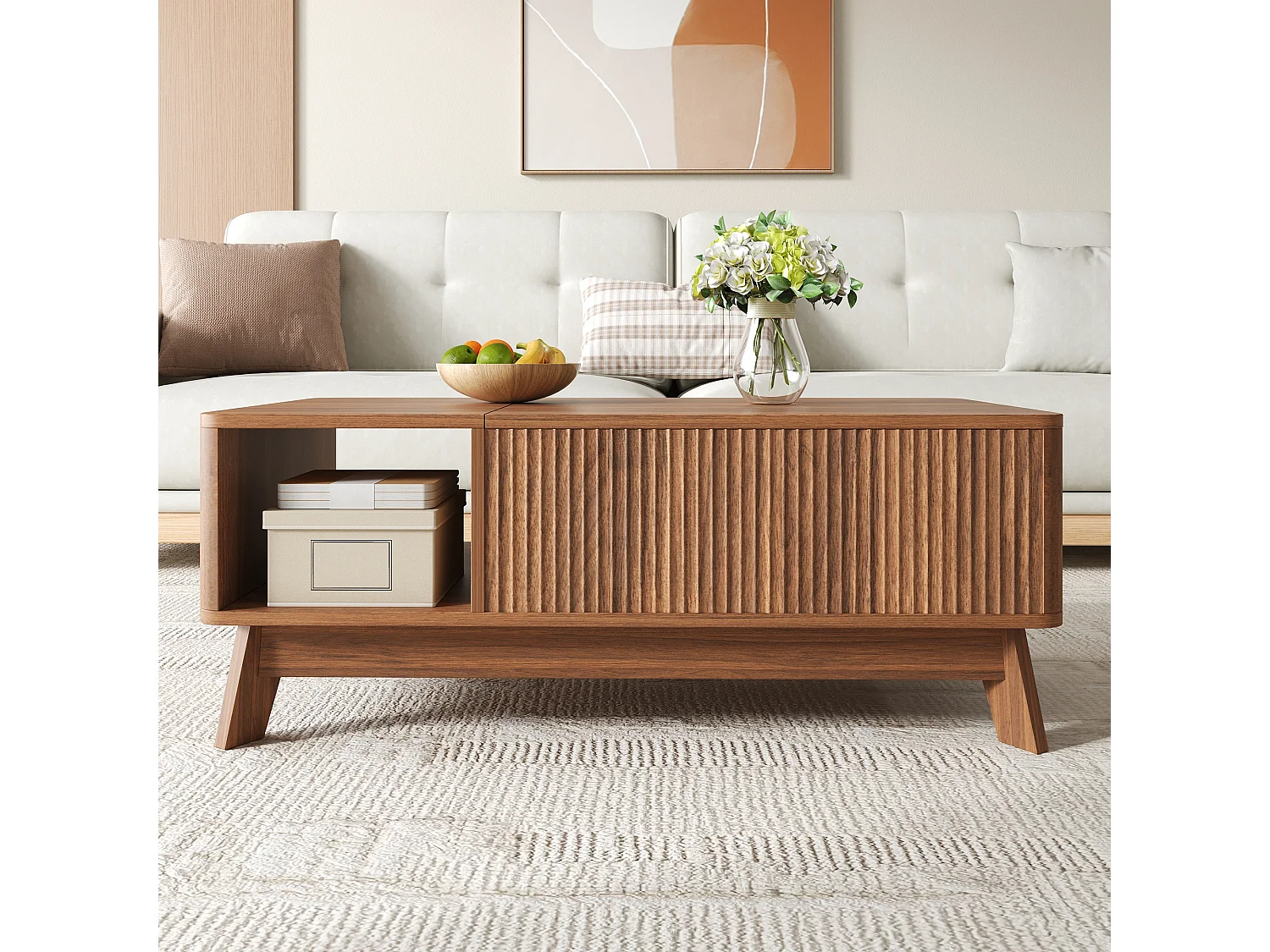 Couchtisch mit Hubfunktion fürs Wohnzimmer – 95 x 48 x 50 cm – Wellenförmiges Design – mit offenem Seitenfach – MDF – Braun